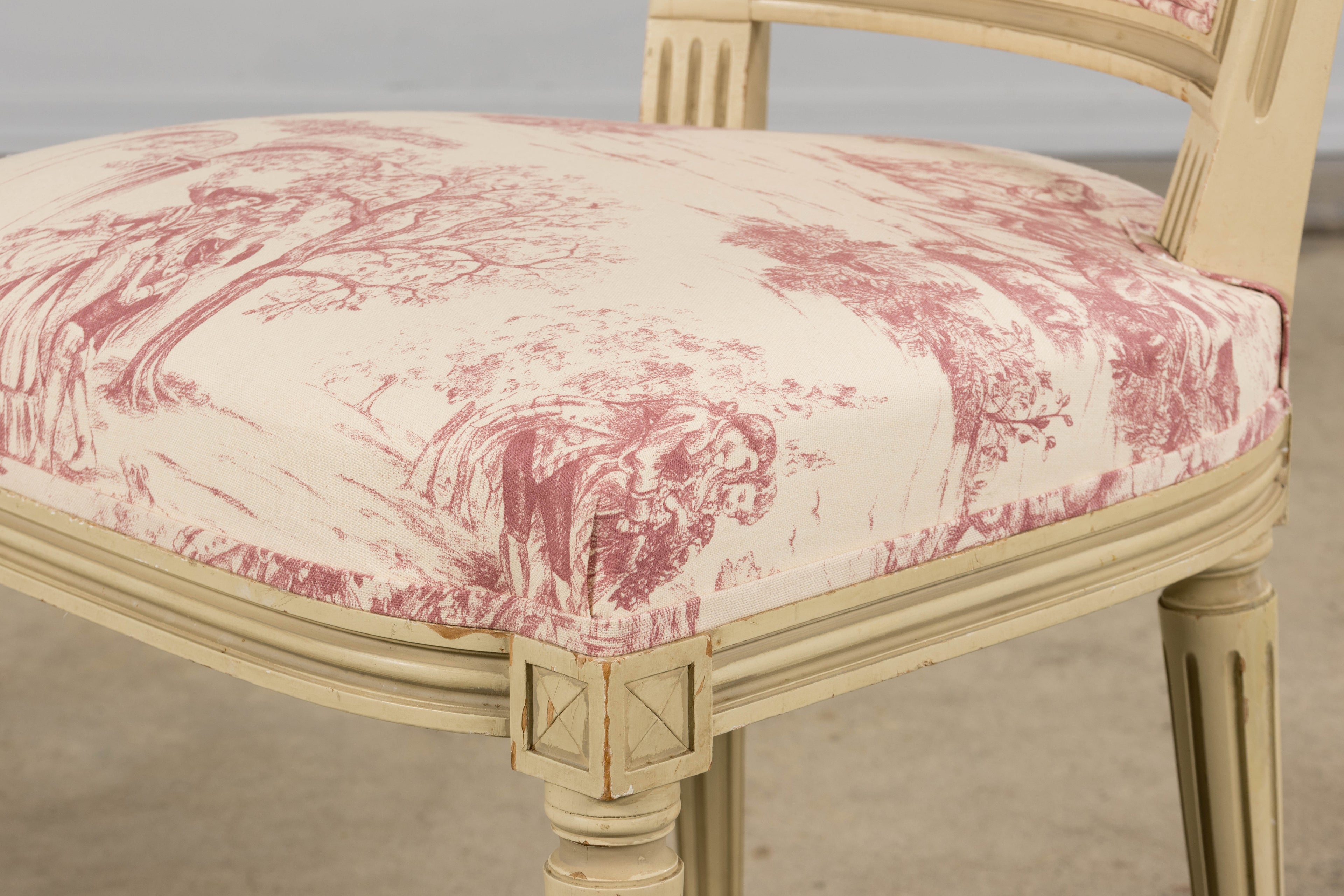 Antique French Louis XVI Style Painted Accent Side Chairs in Rose Toile - A Pair