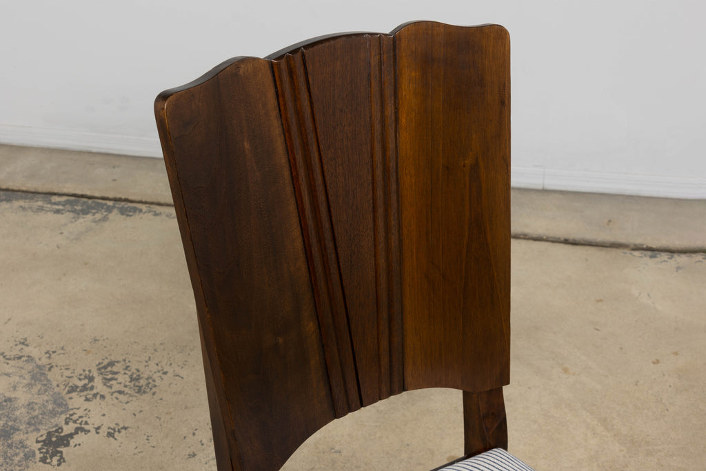 1920s French Art Deco Walnut Dining Chairs W/ Striped Linen - Set of 6