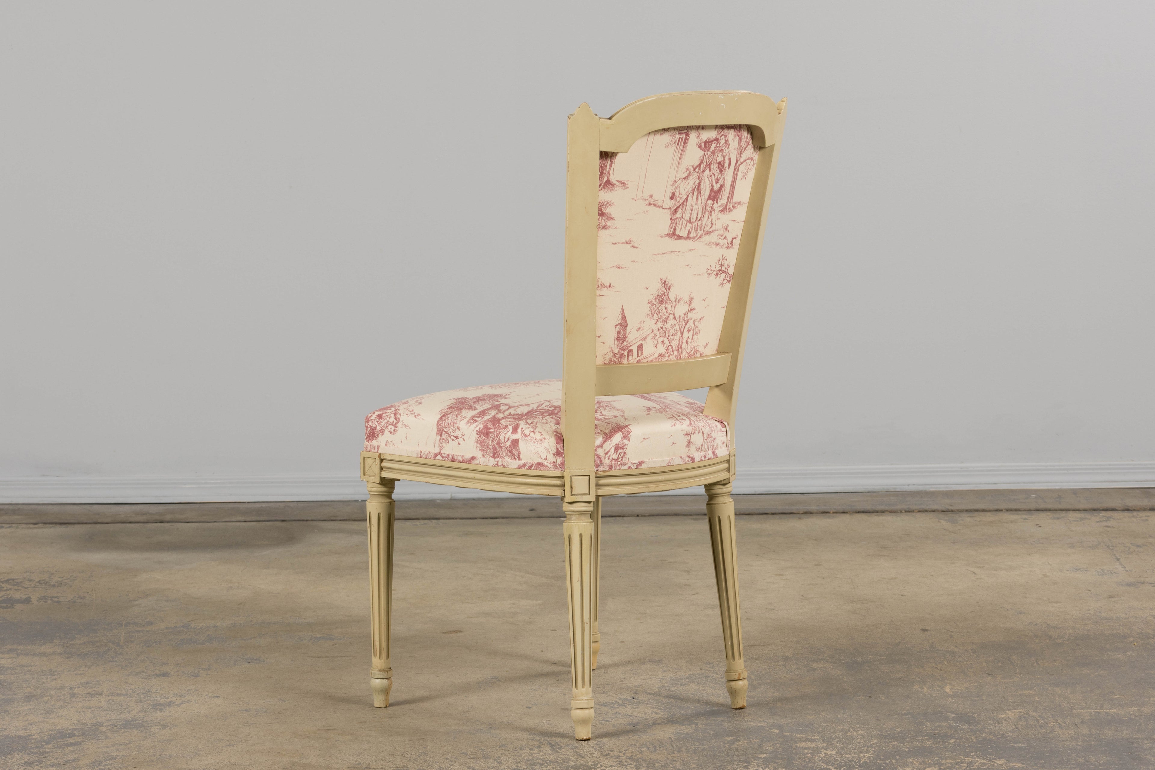 Antique French Louis XVI Style Painted Accent Side Chairs in Rose Toile - A Pair