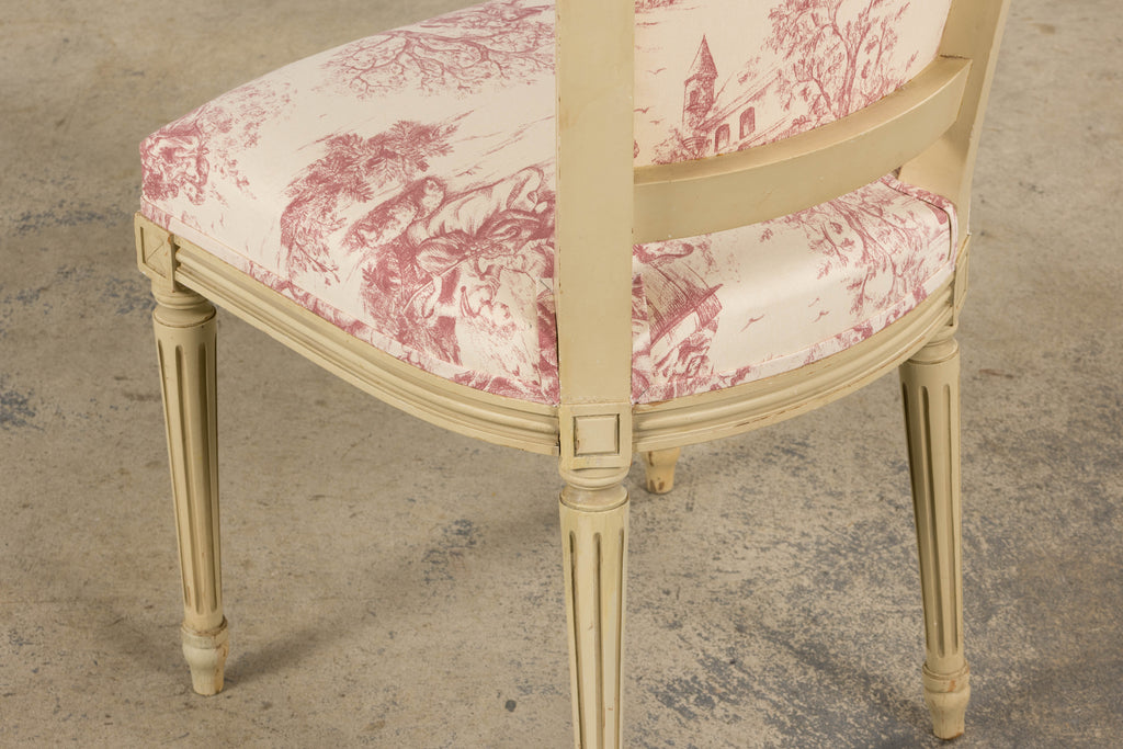 Antique French Louis XVI Style Painted Accent Side Chairs in Rose Toile - A Pair