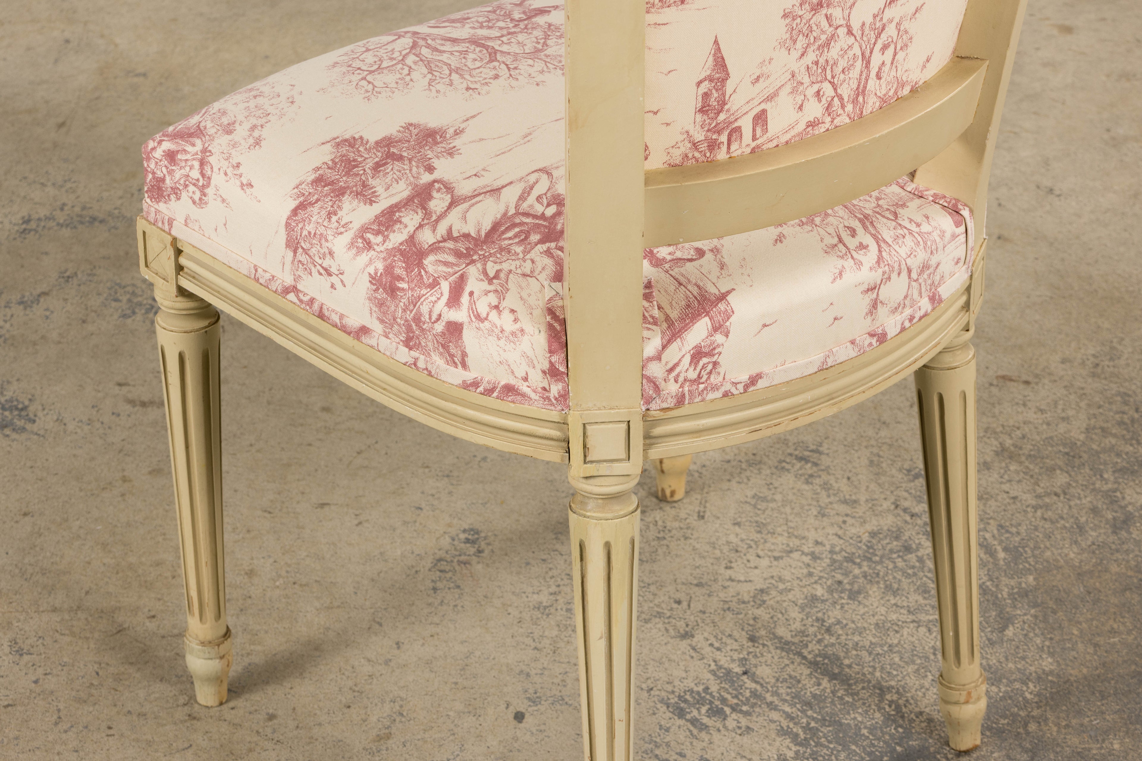 Antique French Louis XVI Style Painted Accent Side Chairs in Rose Toile - A Pair