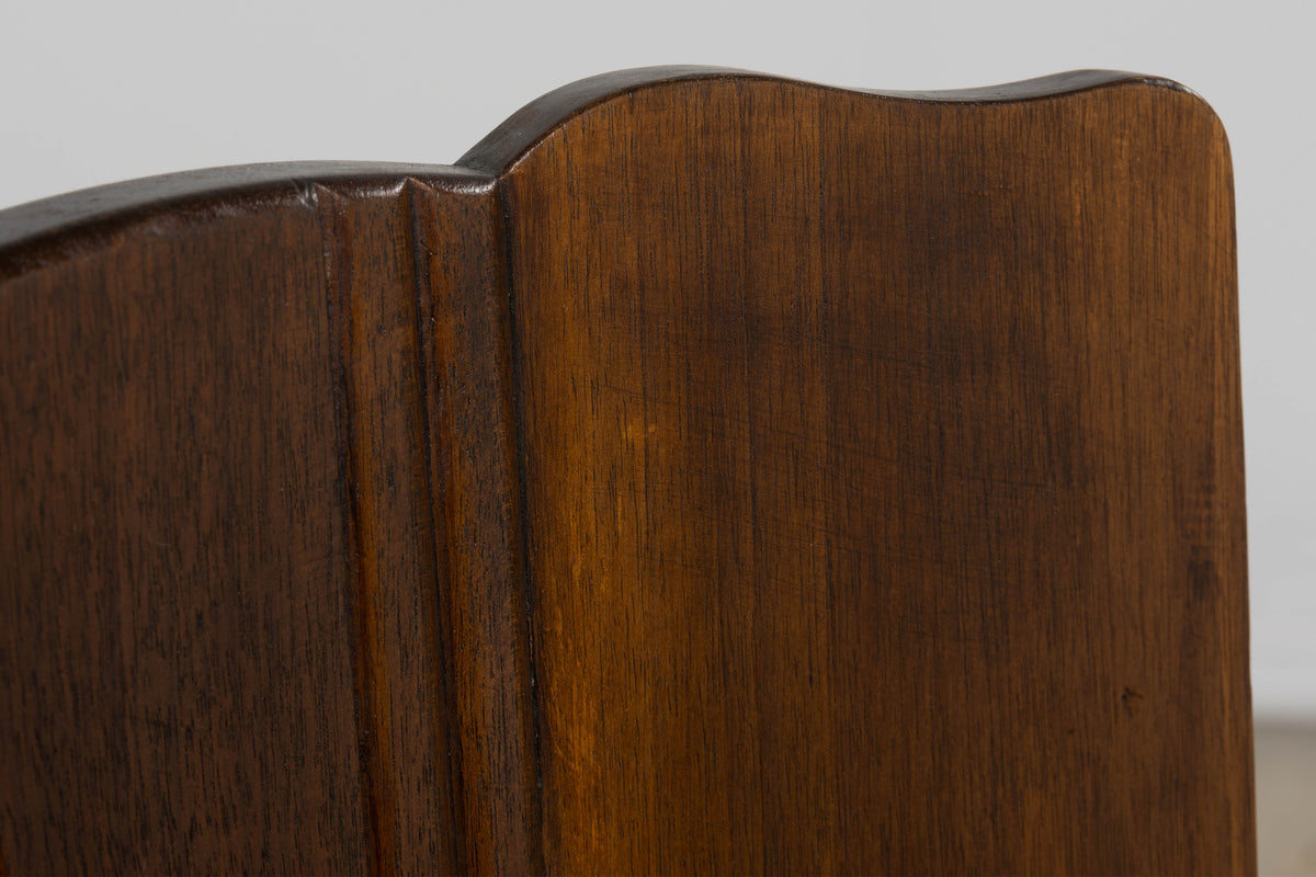 1920s French Art Deco Walnut Dining Chairs W/ Striped Linen - Set of 6