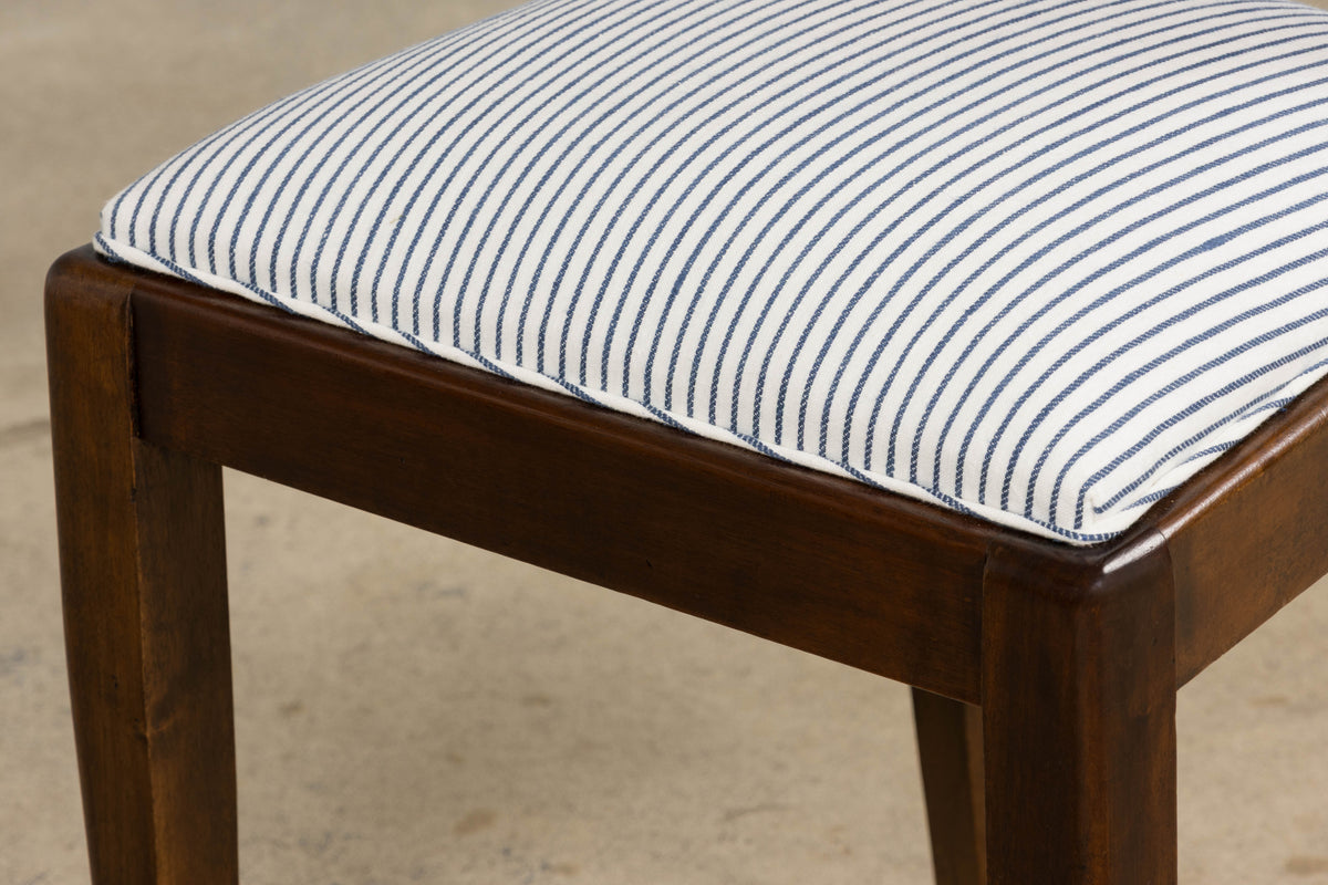 1920s French Art Deco Walnut Dining Chairs W/ Striped Linen - Set of 6