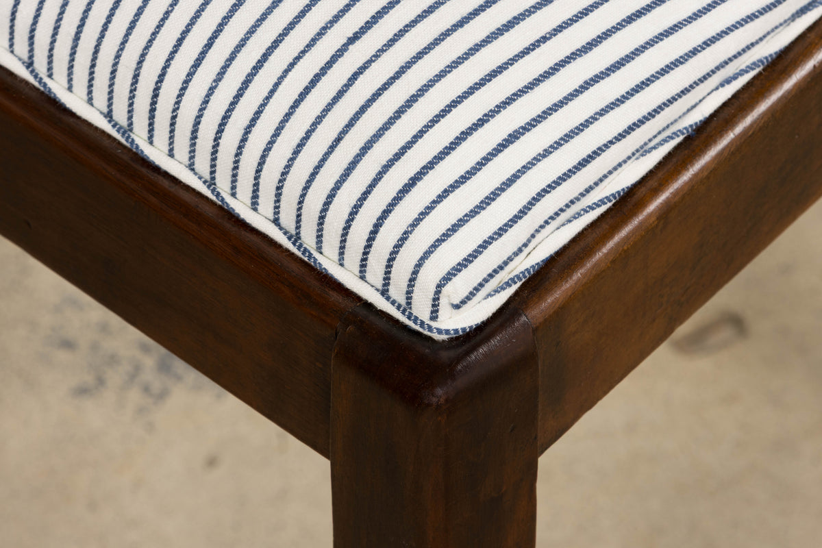 1920s French Art Deco Walnut Dining Chairs W/ Striped Linen - Set of 6