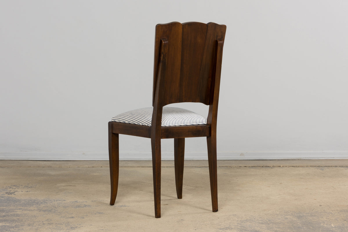 1920s French Art Deco Walnut Dining Chairs W/ Striped Linen - Set of 6