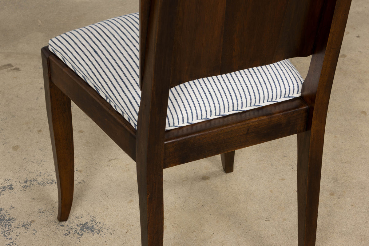 1920s French Art Deco Walnut Dining Chairs W/ Striped Linen - Set of 6