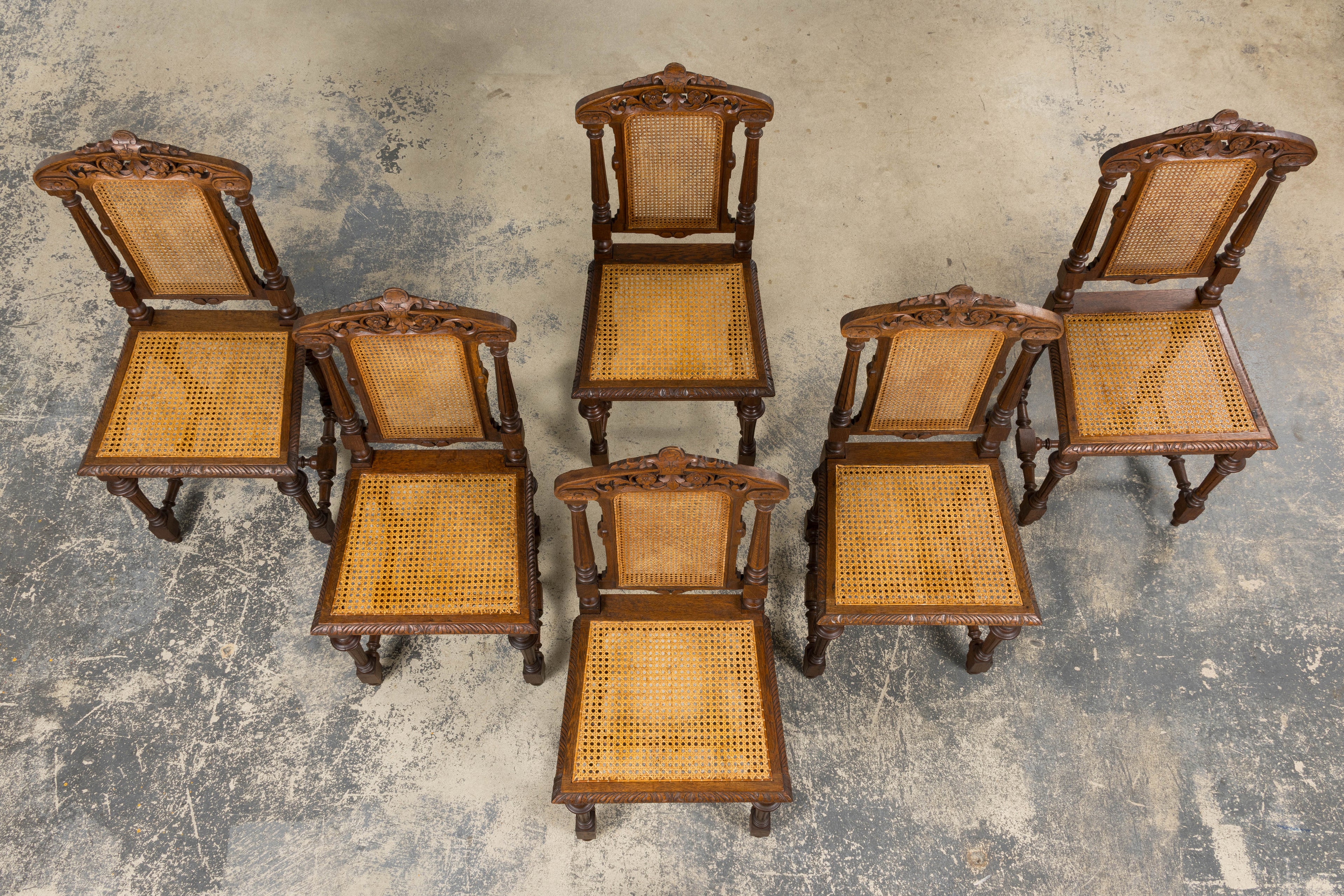 Antique French Renaissance Revival Henri II Style Oak Cane Dining Chairs - Set of 6
