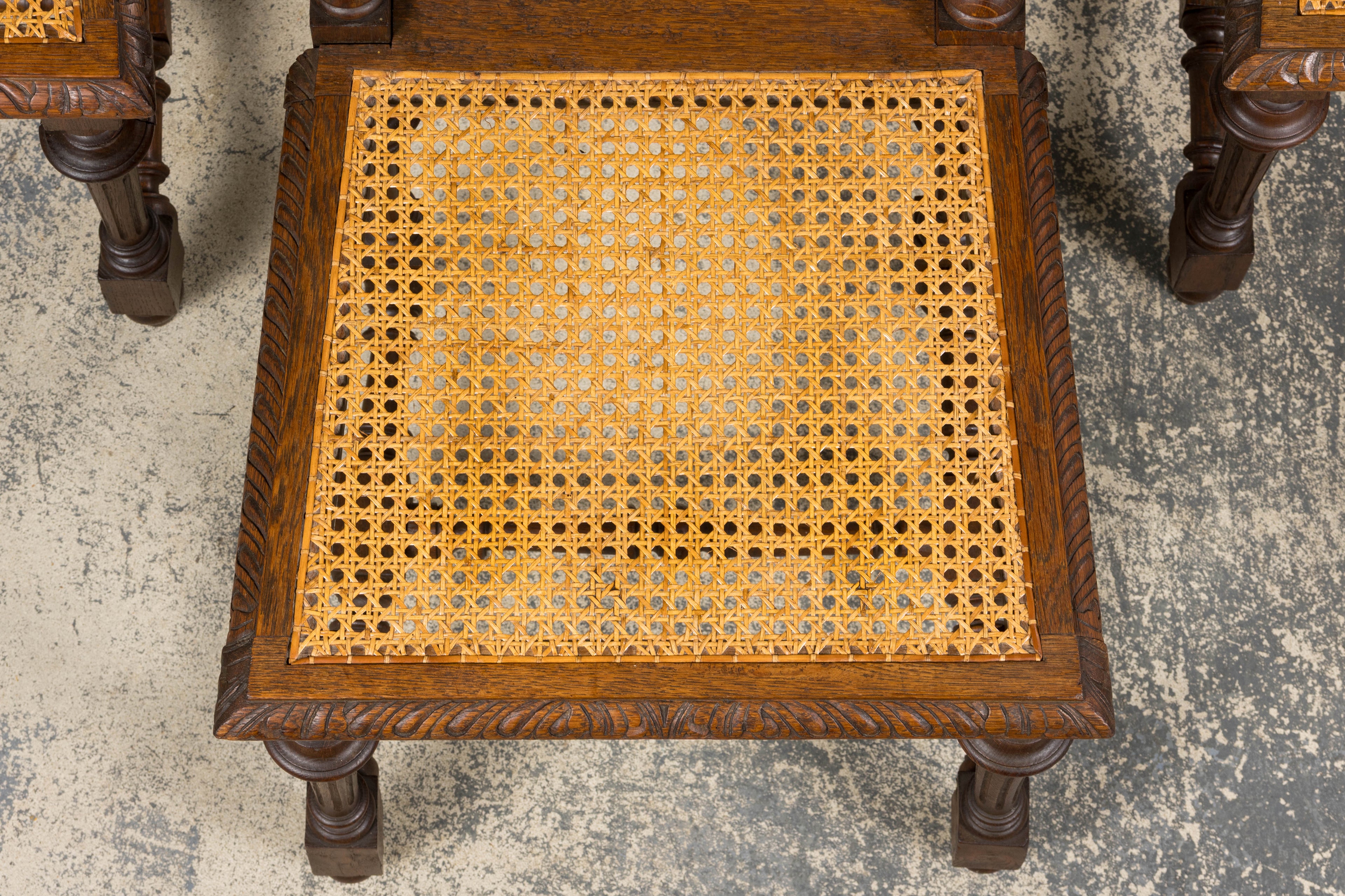 Antique French Renaissance Revival Henri II Style Oak Cane Dining Chairs - Set of 6