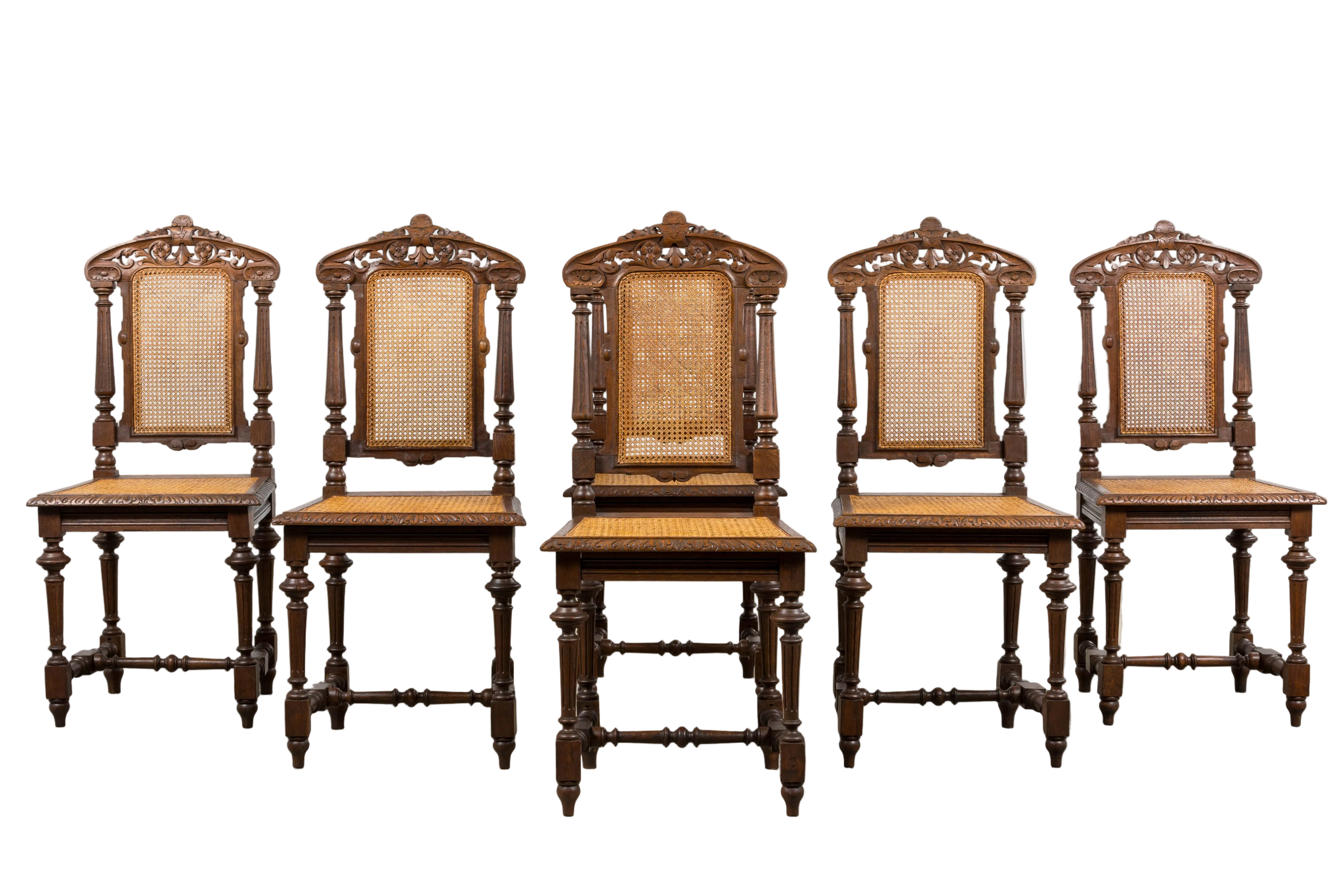 Antique French Renaissance Revival Henri II Style Oak Cane Dining Chairs - Set of 6