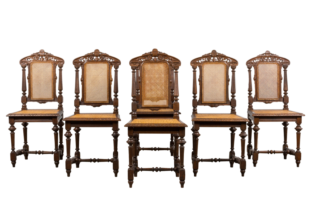 Antique French Renaissance Revival Henri II Style Oak Cane Dining Chairs - Set of 6