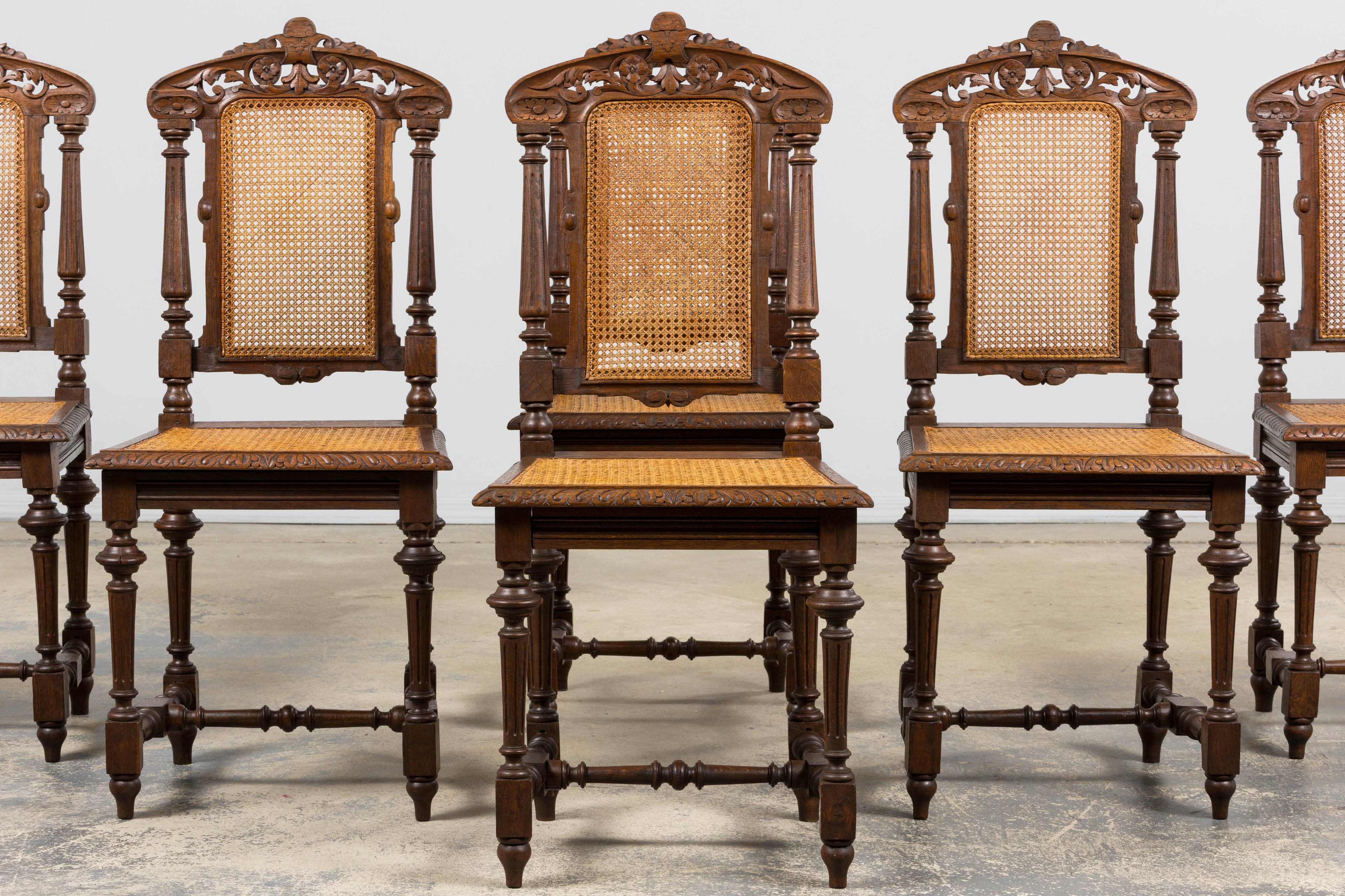 Antique French Renaissance Revival Henri II Style Oak Cane Dining Chairs - Set of 6
