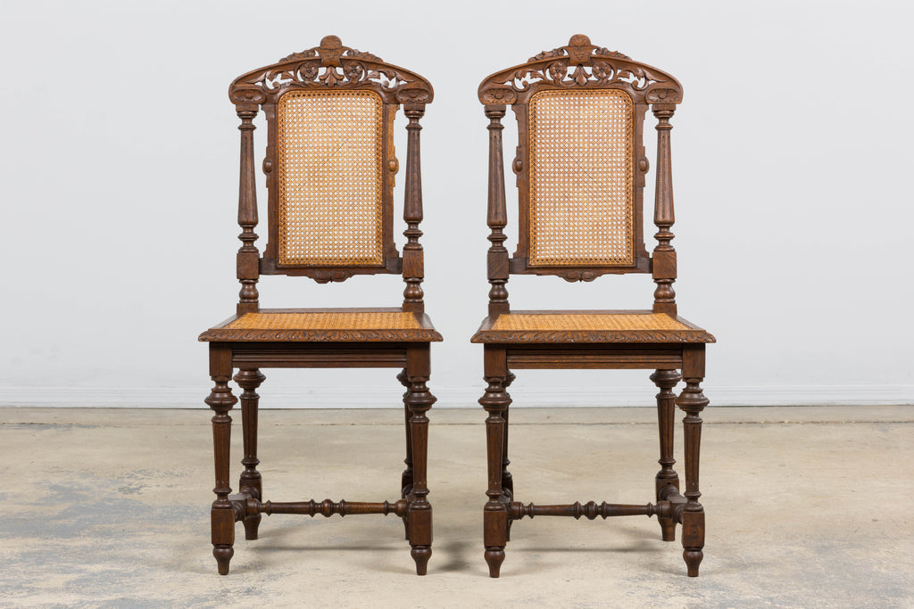 Antique French Renaissance Revival Henri II Style Oak Cane Dining Chairs - Set of 6