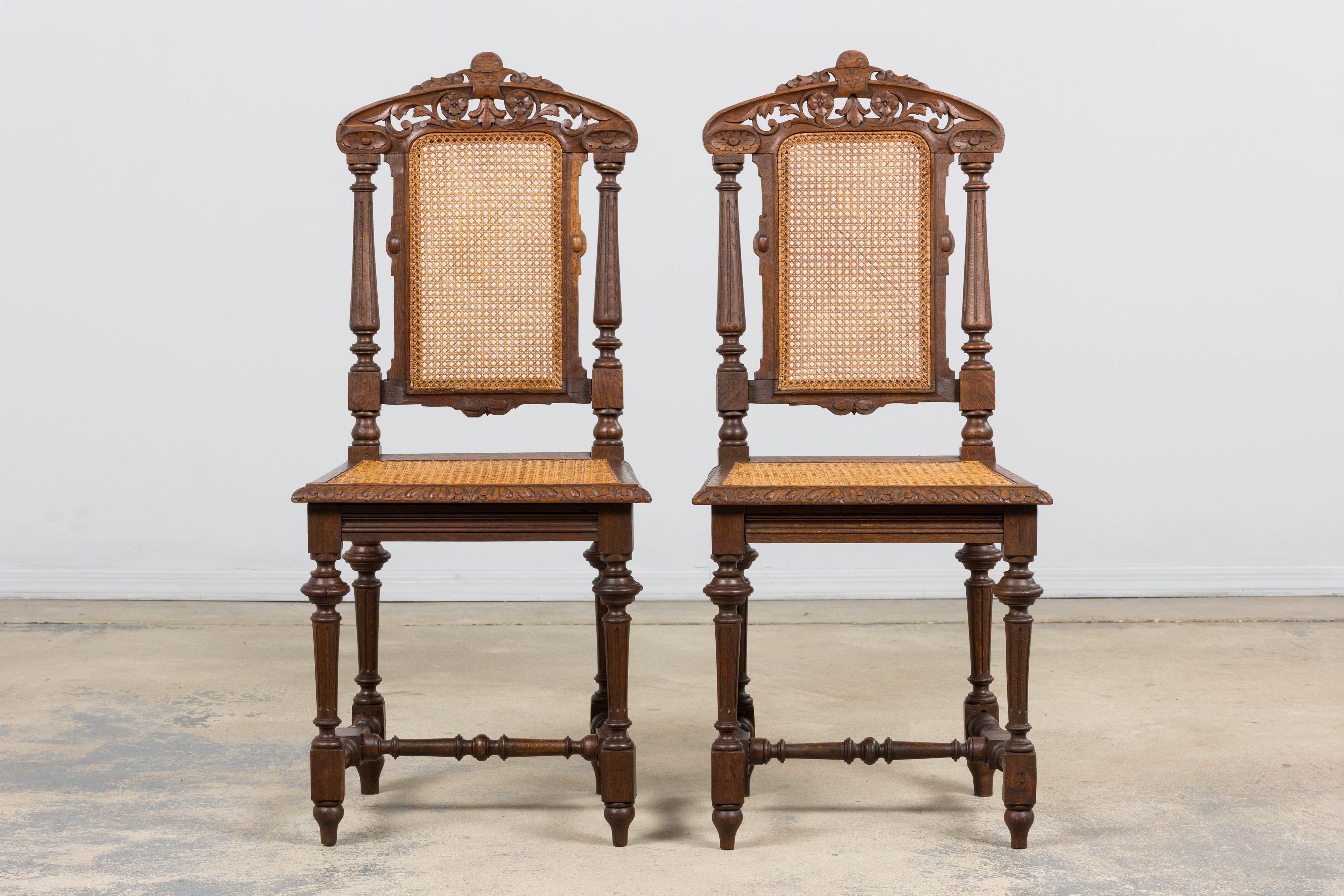 Antique French Renaissance Revival Henri II Style Oak Cane Dining Chairs - Set of 6