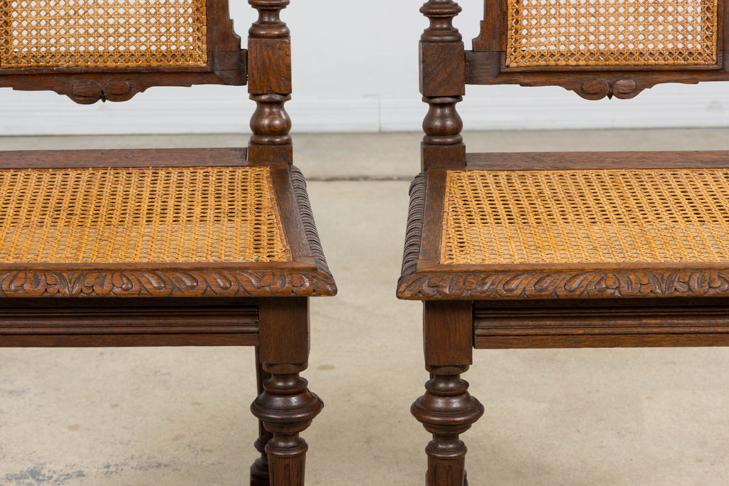 Antique French Renaissance Revival Henri II Style Oak Cane Dining Chairs - Set of 6