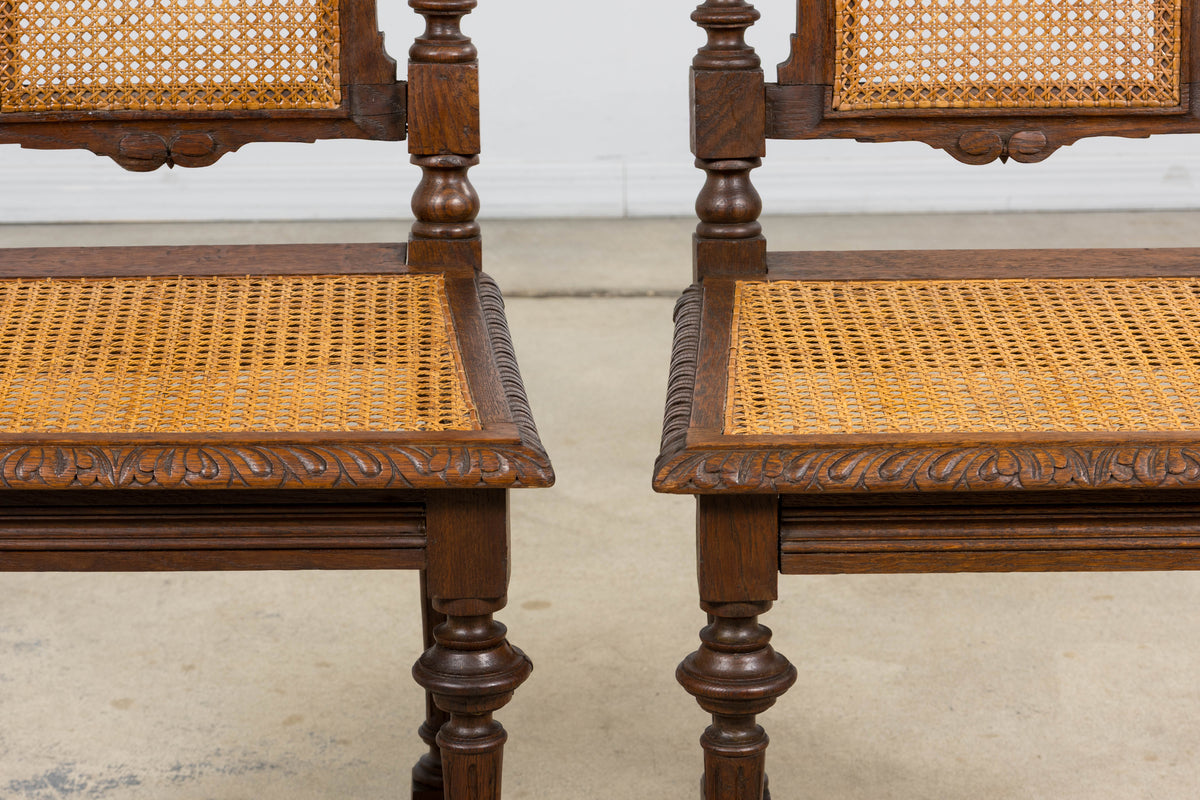 Antique French Renaissance Revival Henri II Style Oak Cane Dining Chairs - Set of 6