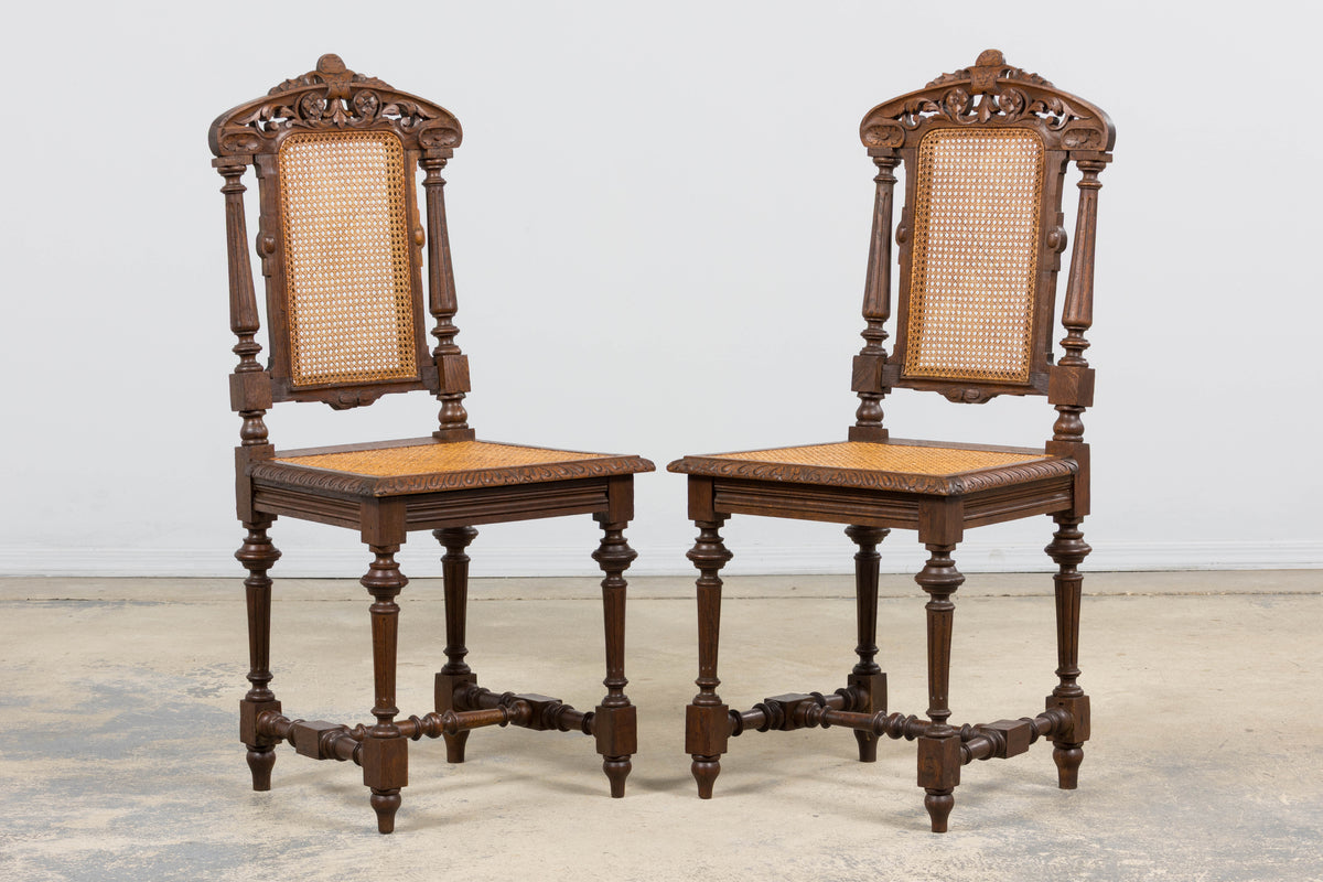 Antique French Renaissance Revival Henri II Style Oak Cane Dining Chairs - Set of 6
