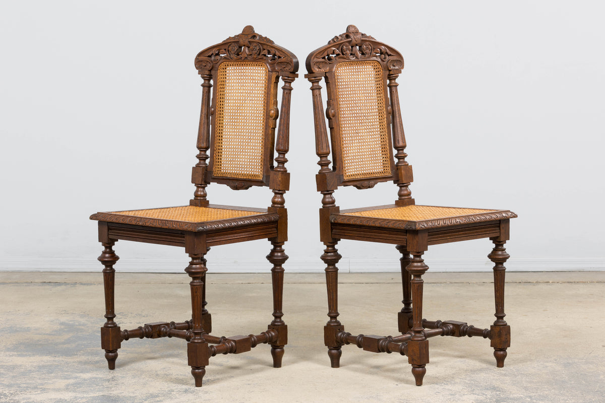 Antique French Renaissance Revival Henri II Style Oak Cane Dining Chairs - Set of 6
