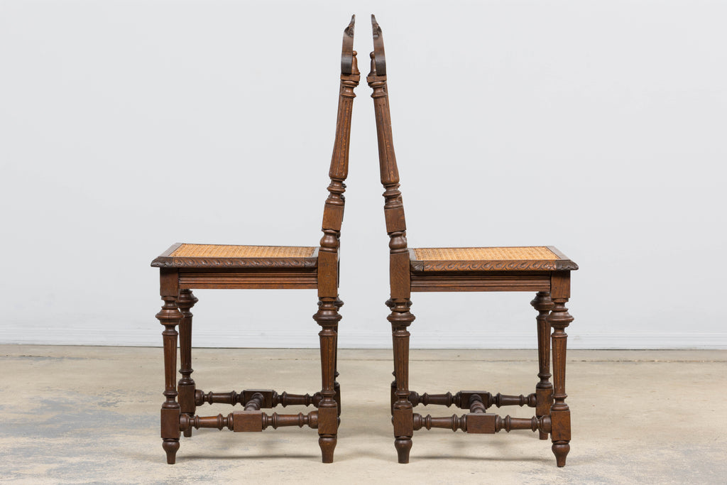 Antique French Renaissance Revival Henri II Style Oak Cane Dining Chairs - Set of 6