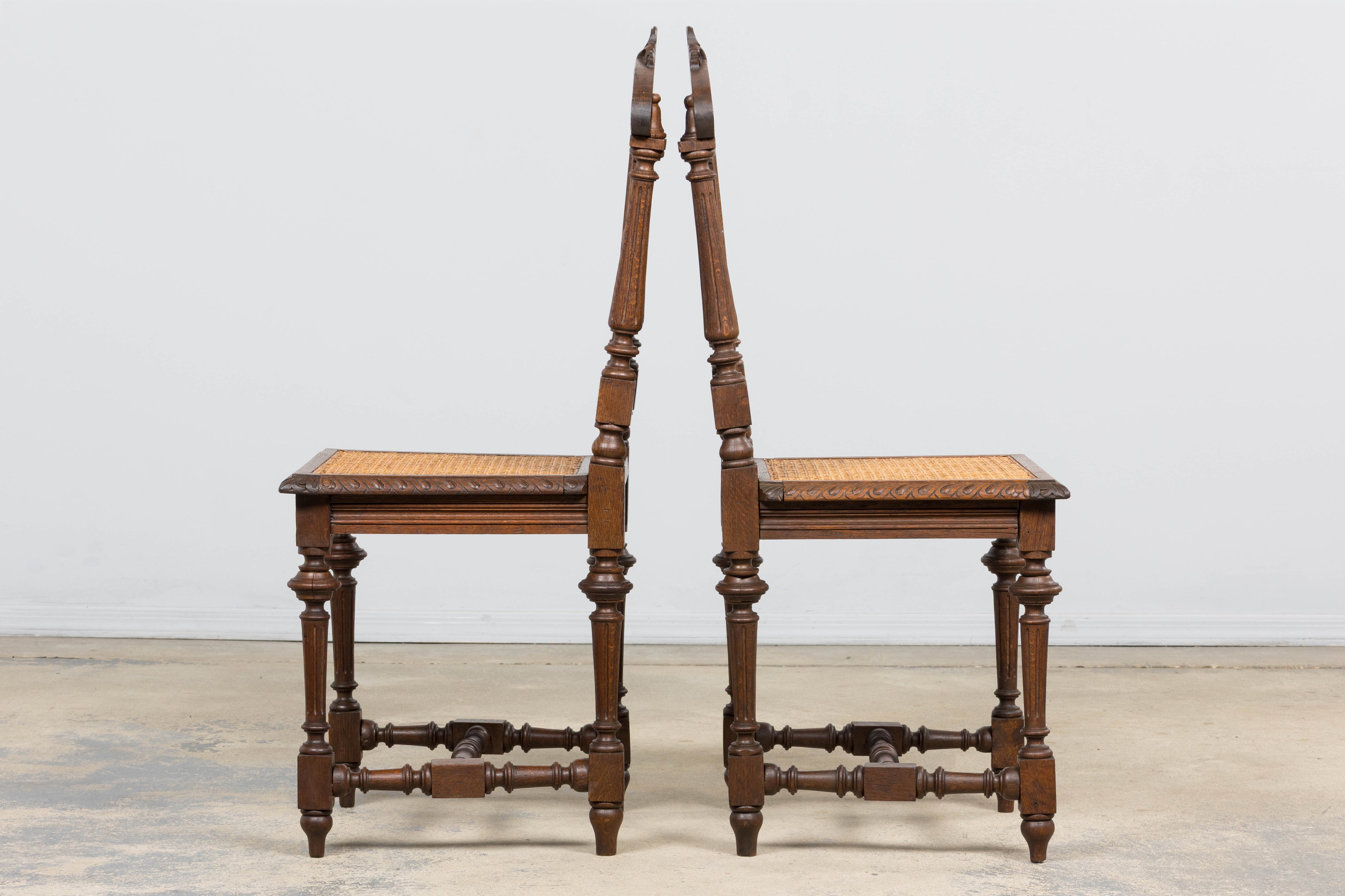 Antique French Renaissance Revival Henri II Style Oak Cane Dining Chairs - Set of 6