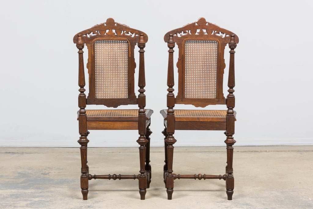 Antique French Renaissance Revival Henri II Style Oak Cane Dining Chairs - Set of 6