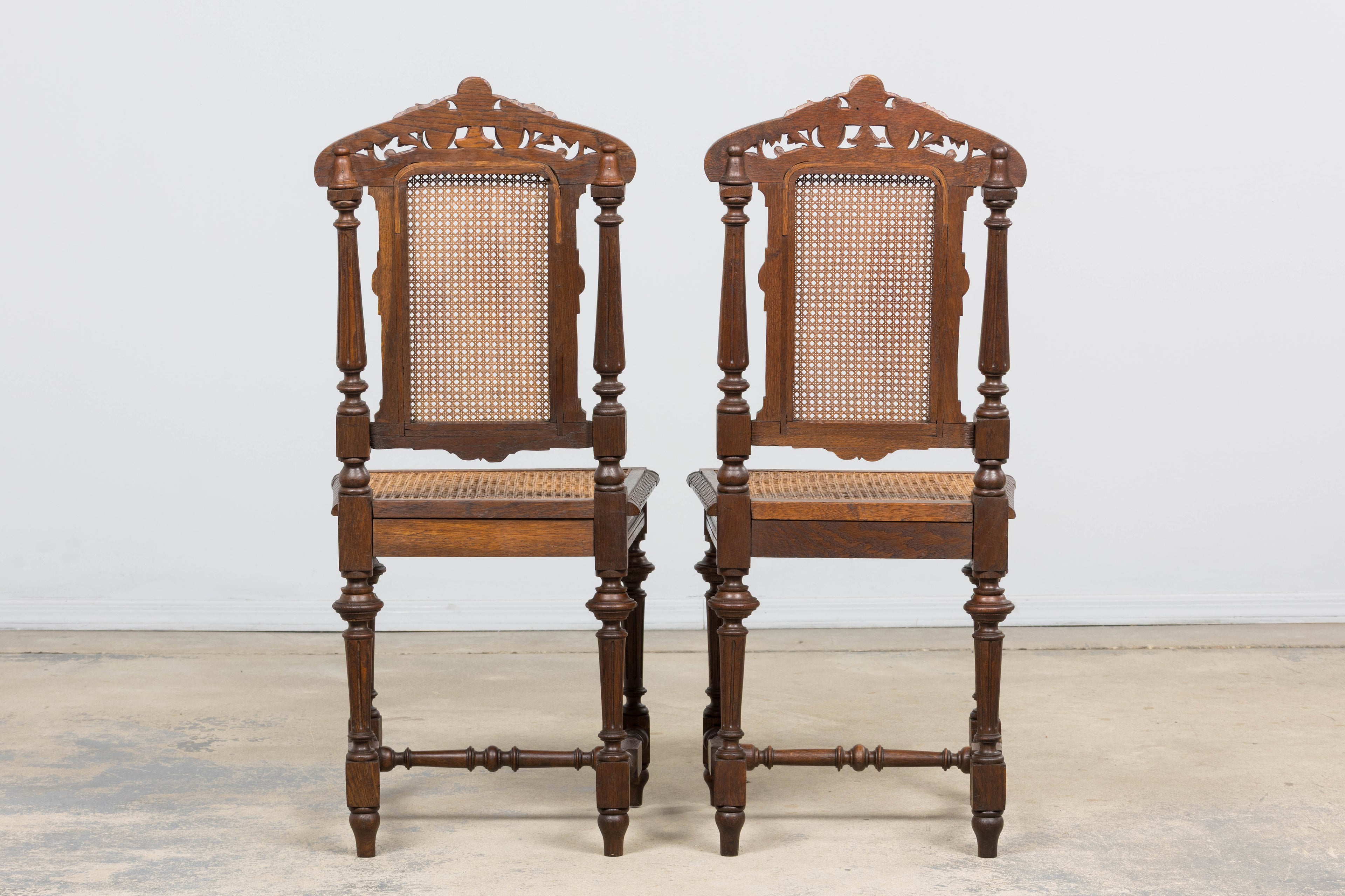 Antique French Renaissance Revival Henri II Style Oak Cane Dining Chairs - Set of 6