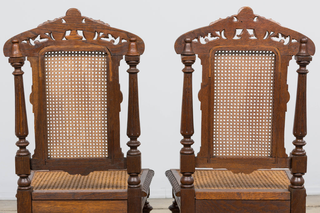 Antique French Renaissance Revival Henri II Style Oak Cane Dining Chairs - Set of 6