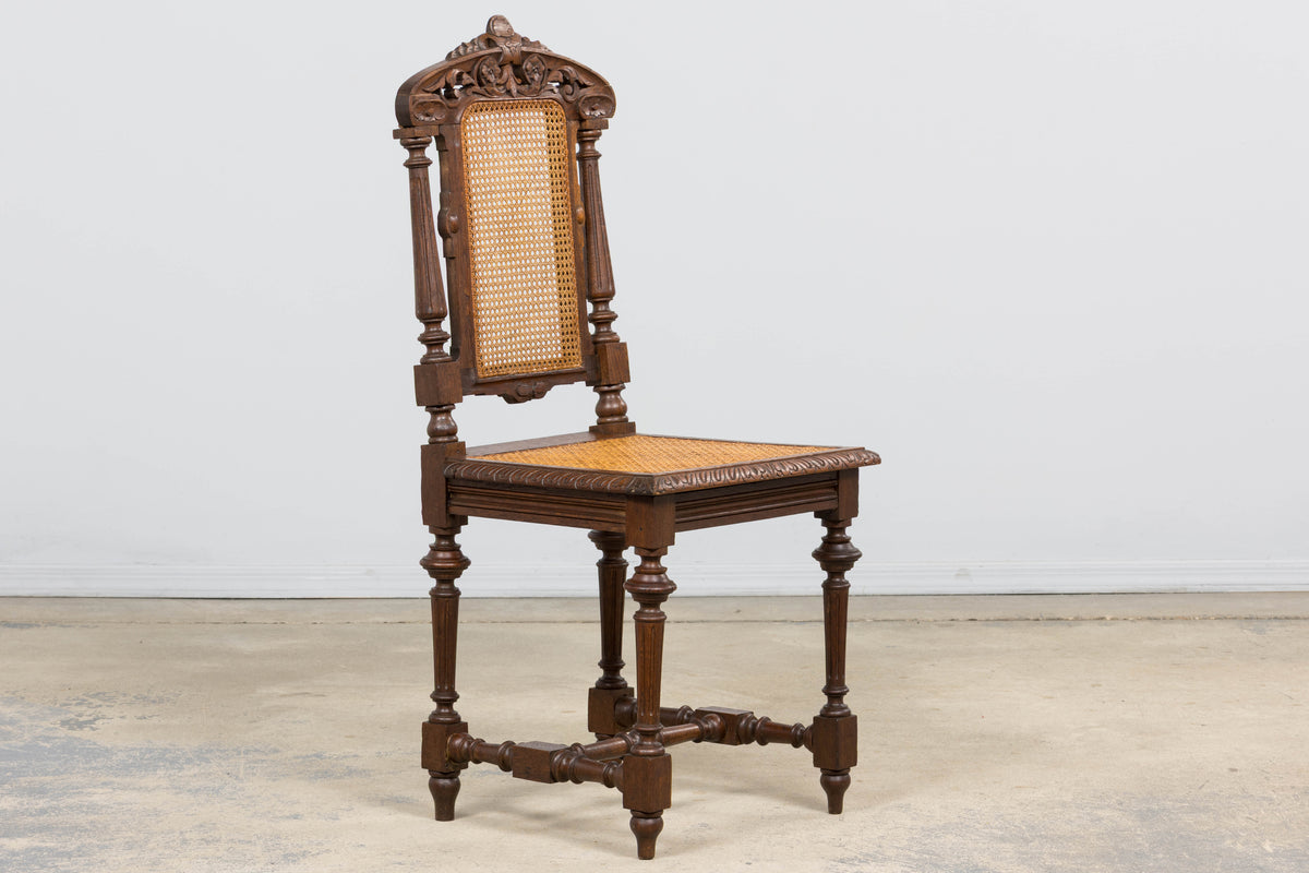 Antique French Renaissance Revival Henri II Style Oak Cane Dining Chairs - Set of 6