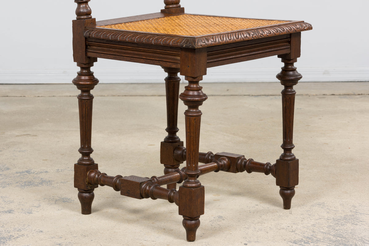 Antique French Renaissance Revival Henri II Style Oak Cane Dining Chairs - Set of 6