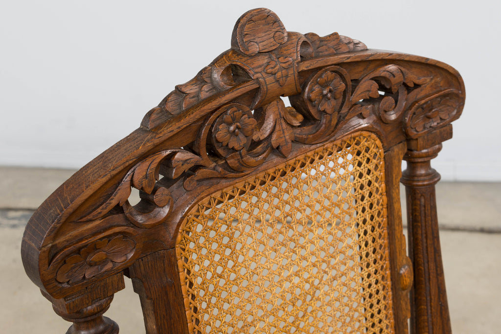 Antique French Renaissance Revival Henri II Style Oak Cane Dining Chairs - Set of 6