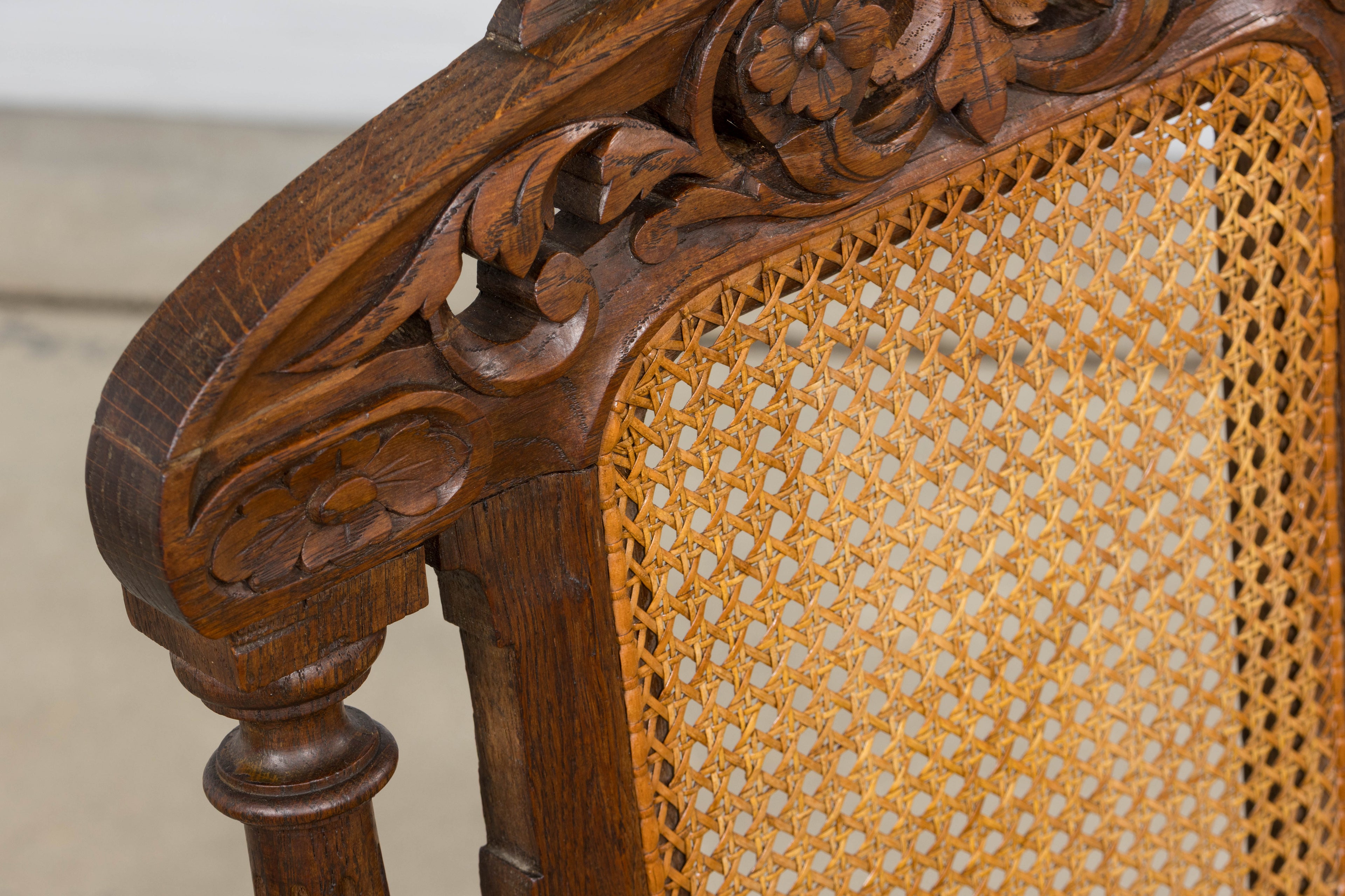 Antique French Renaissance Revival Henri II Style Oak Cane Dining Chairs - Set of 6