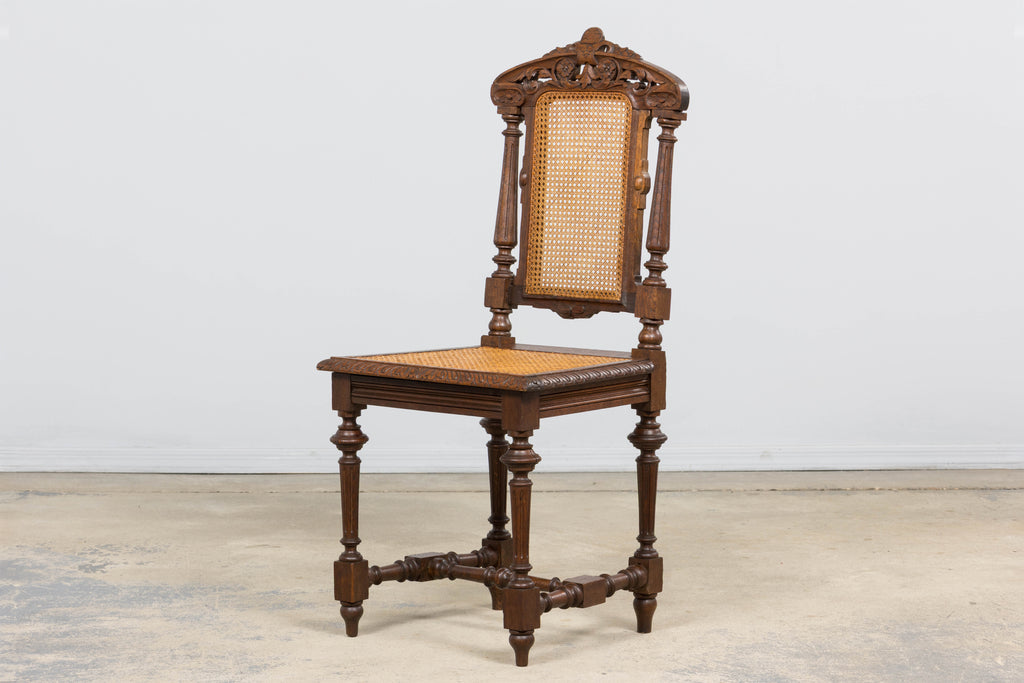 Antique French Renaissance Revival Henri II Style Oak Cane Dining Chairs - Set of 6