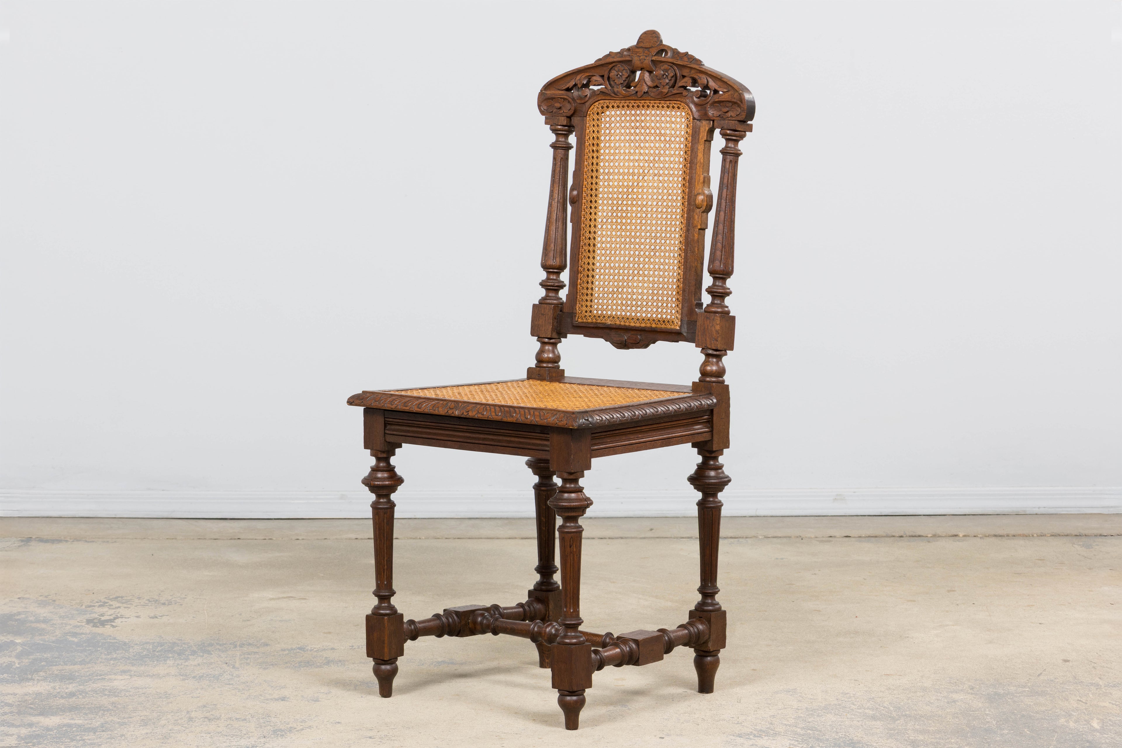Antique French Renaissance Revival Henri II Style Oak Cane Dining Chairs - Set of 6