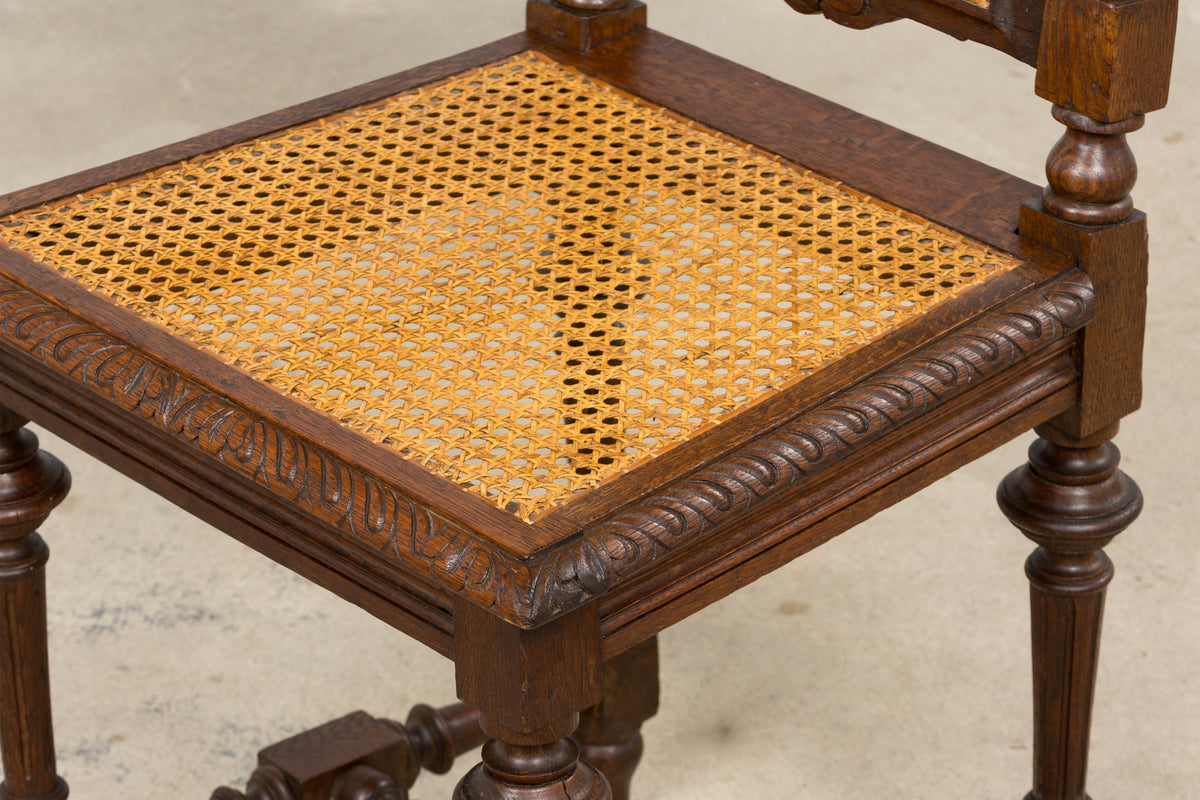 Antique French Renaissance Revival Henri II Style Oak Cane Dining Chairs - Set of 6