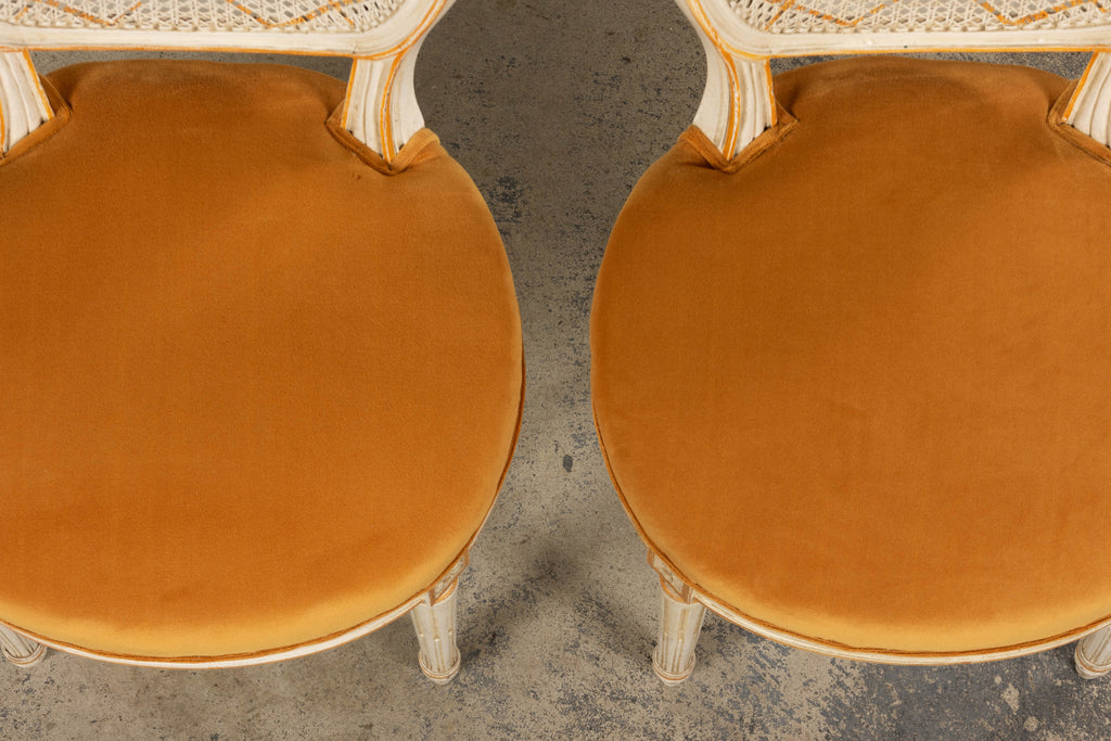 Antique French Louis XVI Painted Cane Back Accent Side Chairs W/ Marigold Velvet - A Pair