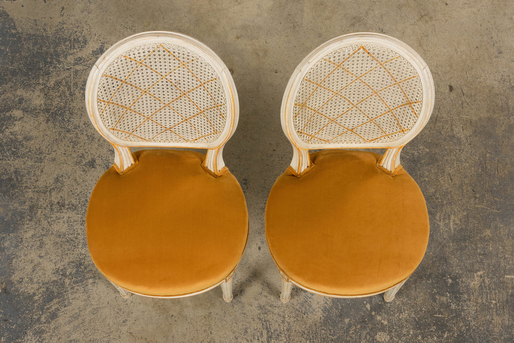 Antique French Louis XVI Painted Cane Back Accent Side Chairs W/ Marigold Velvet - A Pair