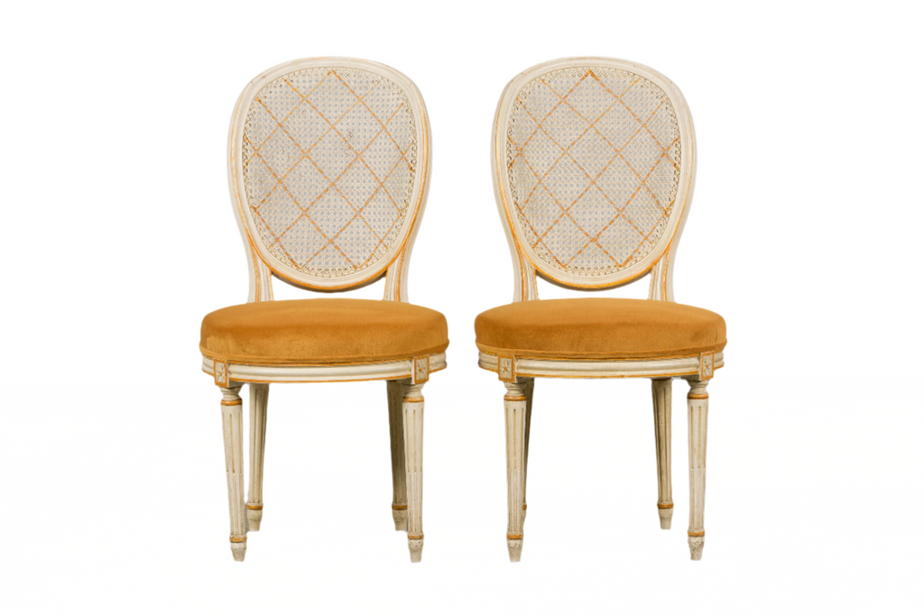 Antique French Louis XVI Painted Cane Back Accent Side Chairs W/ Marigold Velvet - A Pair