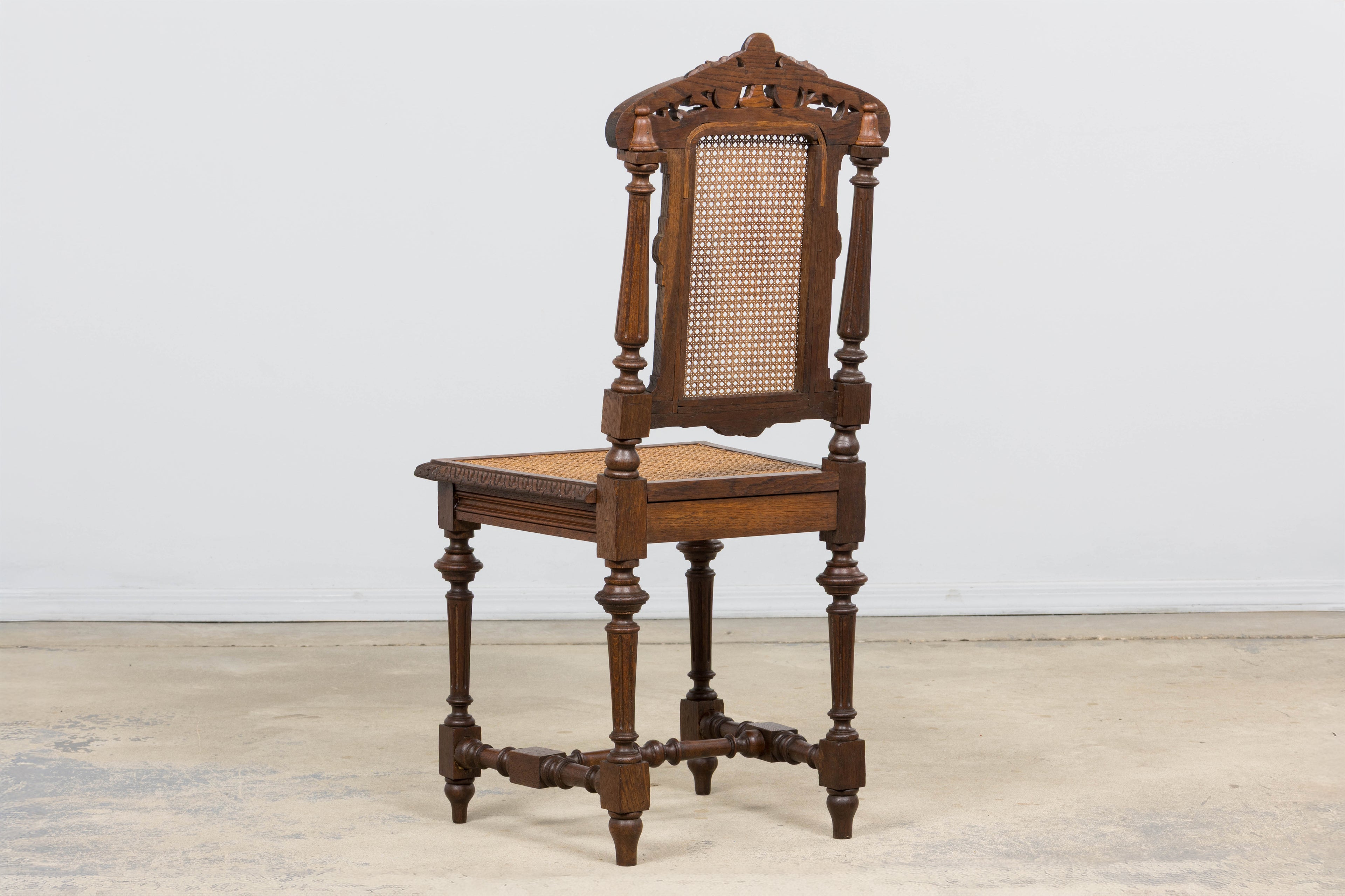 Antique French Renaissance Revival Henri II Style Oak Cane Dining Chairs - Set of 6