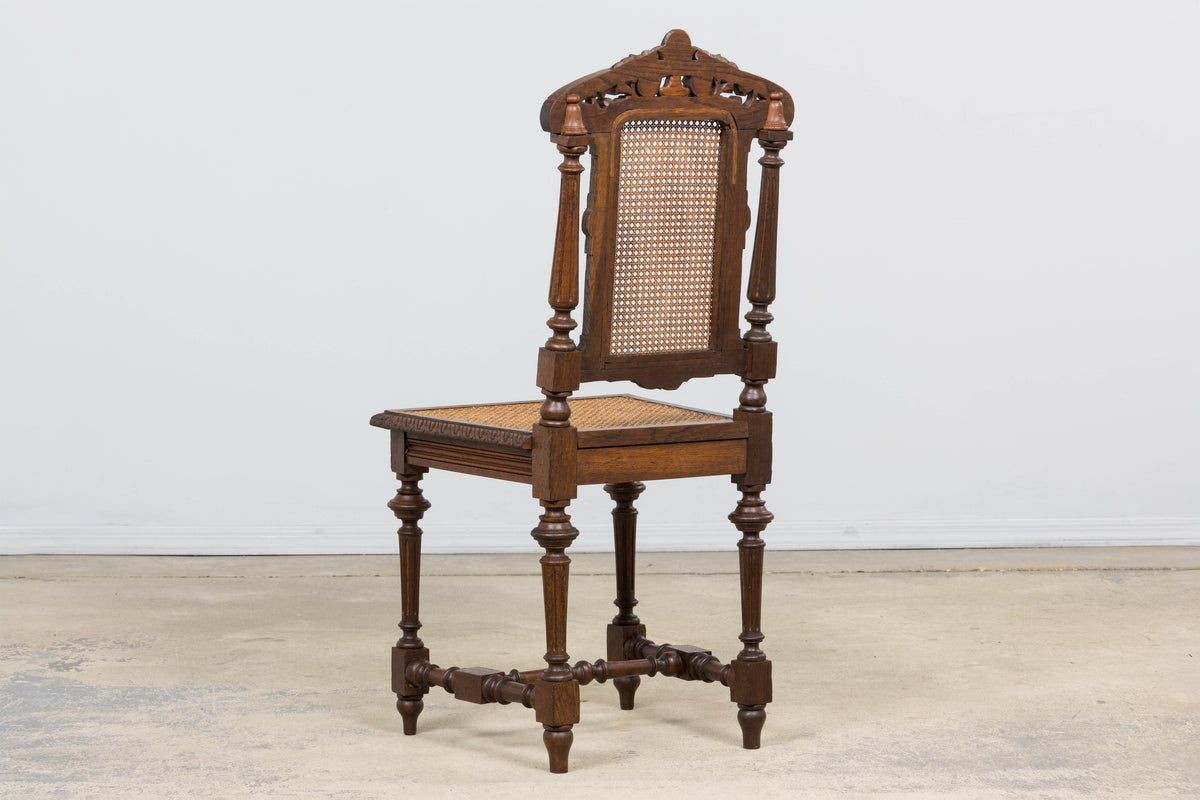 Antique French Renaissance Revival Henri II Style Oak Cane Dining Chairs - Set of 6