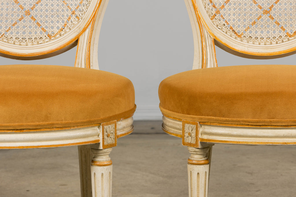 Antique French Louis XVI Painted Cane Back Accent Side Chairs W/ Marigold Velvet - A Pair