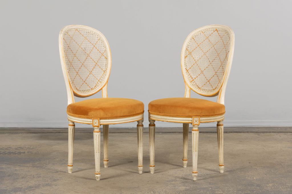 Antique French Louis XVI Painted Cane Back Accent Side Chairs W/ Marigold Velvet - A Pair