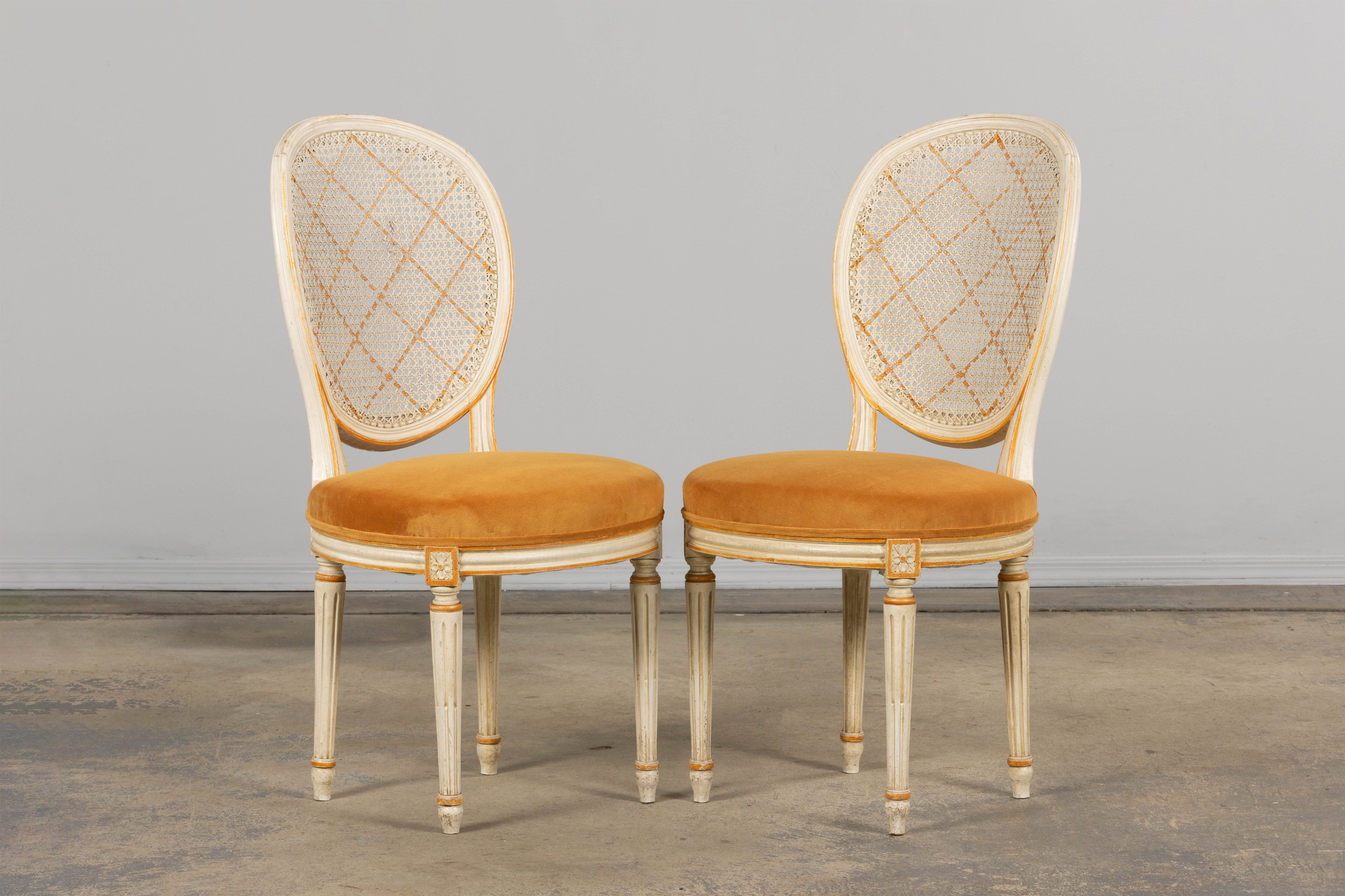 Antique French Louis XVI Painted Cane Back Accent Side Chairs W/ Marigold Velvet - A Pair