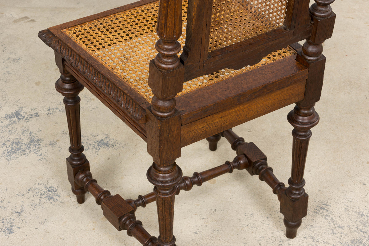 Antique French Renaissance Revival Henri II Style Oak Cane Dining Chairs - Set of 6