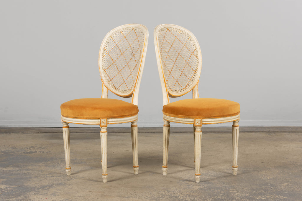 Antique French Louis XVI Painted Cane Back Accent Side Chairs W/ Marigold Velvet - A Pair