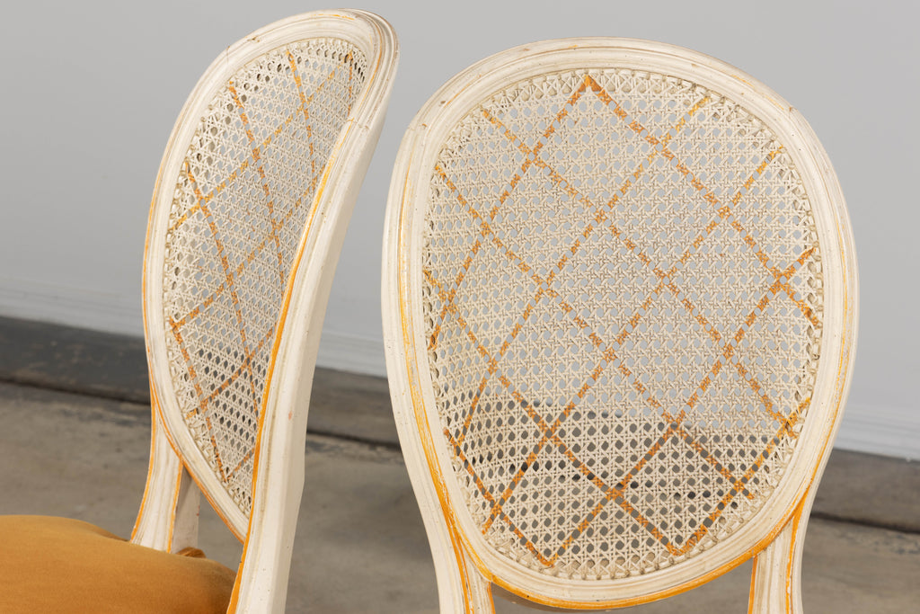 Antique French Louis XVI Painted Cane Back Accent Side Chairs W/ Marigold Velvet - A Pair