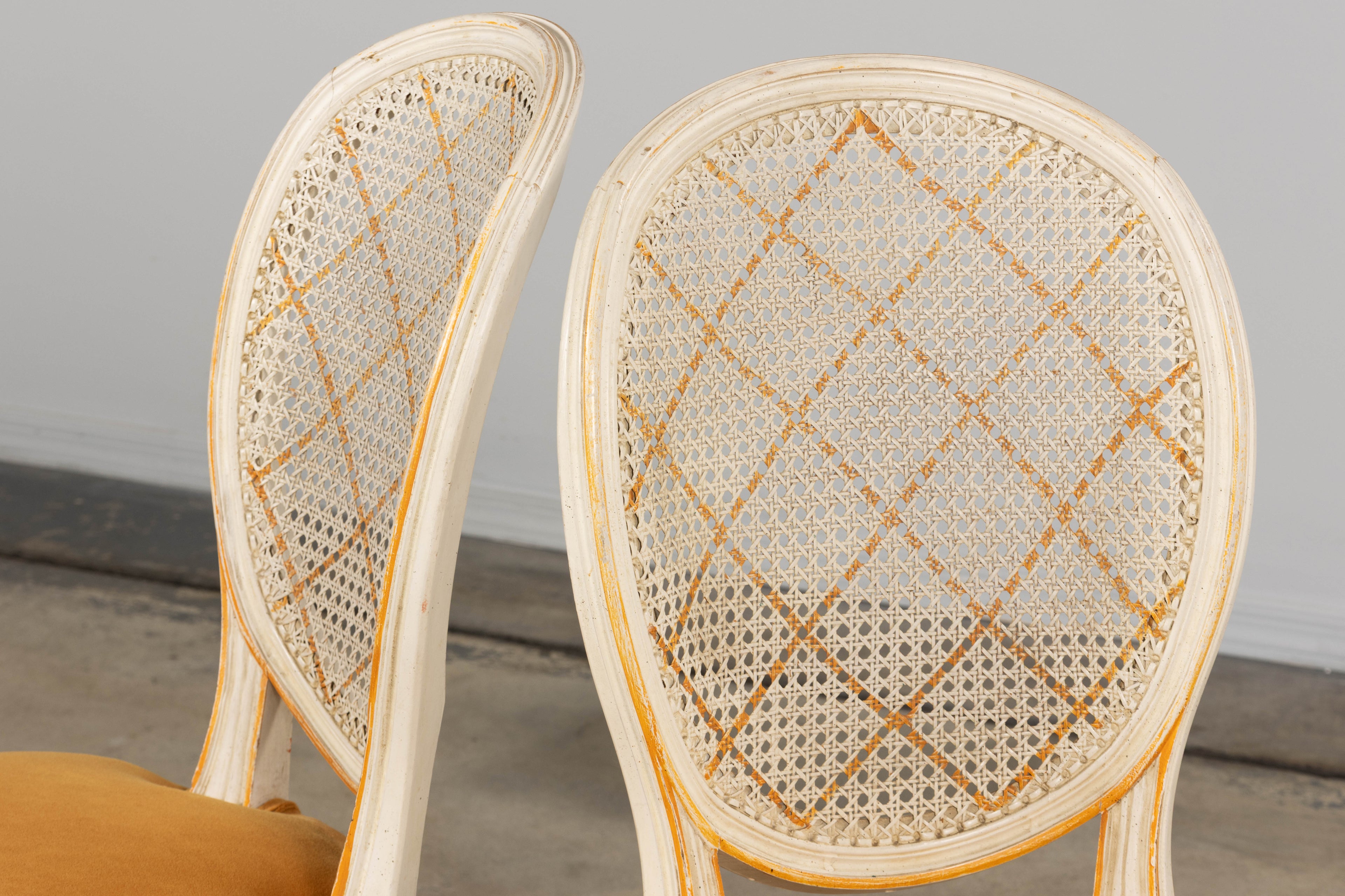 Antique French Louis XVI Painted Cane Back Accent Side Chairs W/ Marigold Velvet - A Pair