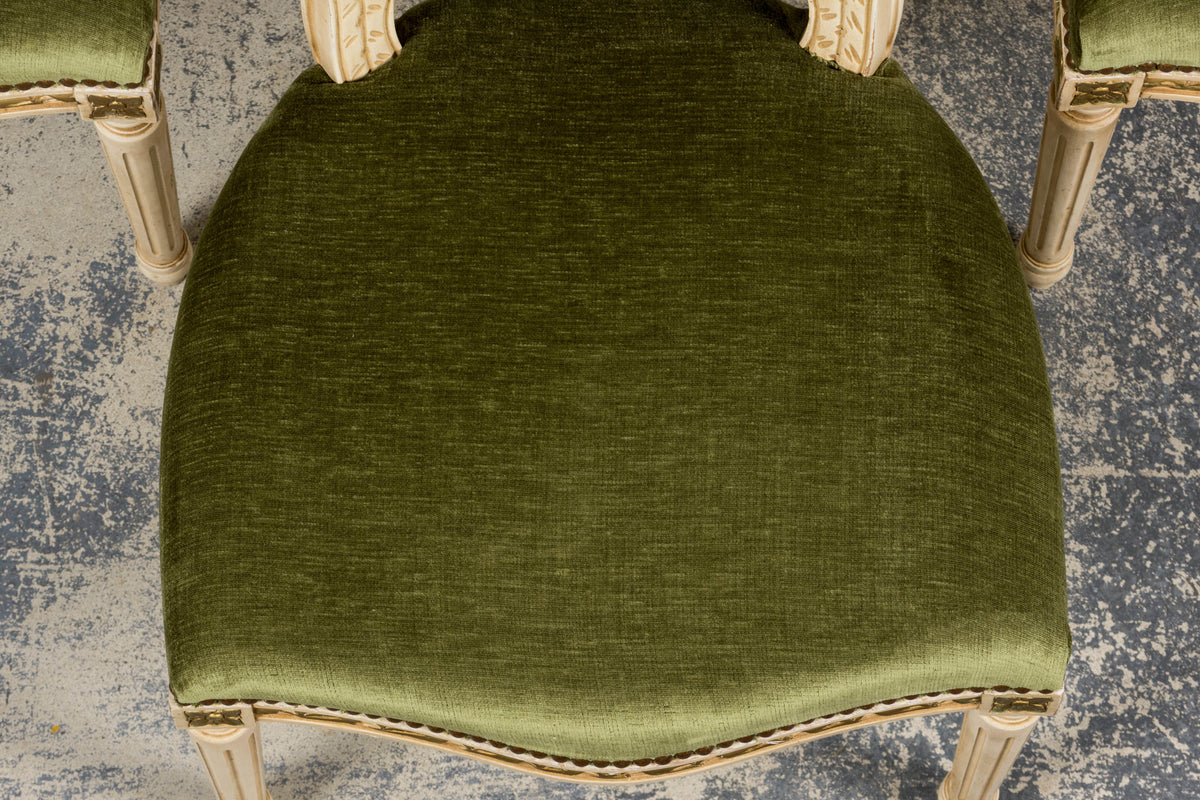 Antique French Louis XVI Style Dining Chairs in Olive Green Velvet - Set of 8