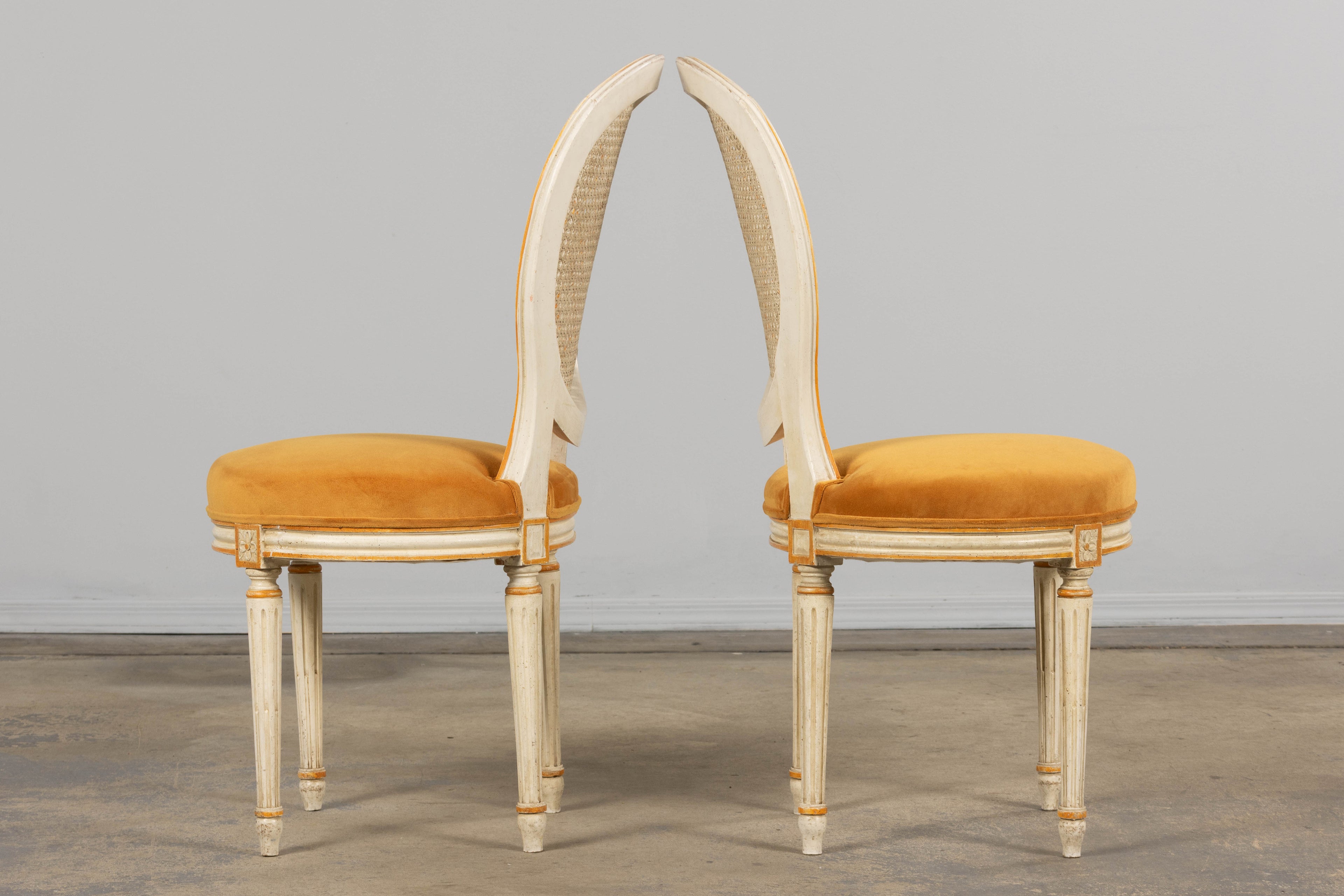 Antique French Louis XVI Painted Cane Back Accent Side Chairs W/ Marigold Velvet - A Pair