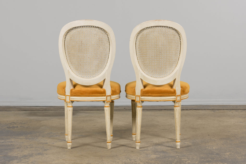Antique French Louis XVI Painted Cane Back Accent Side Chairs W/ Marigold Velvet - A Pair