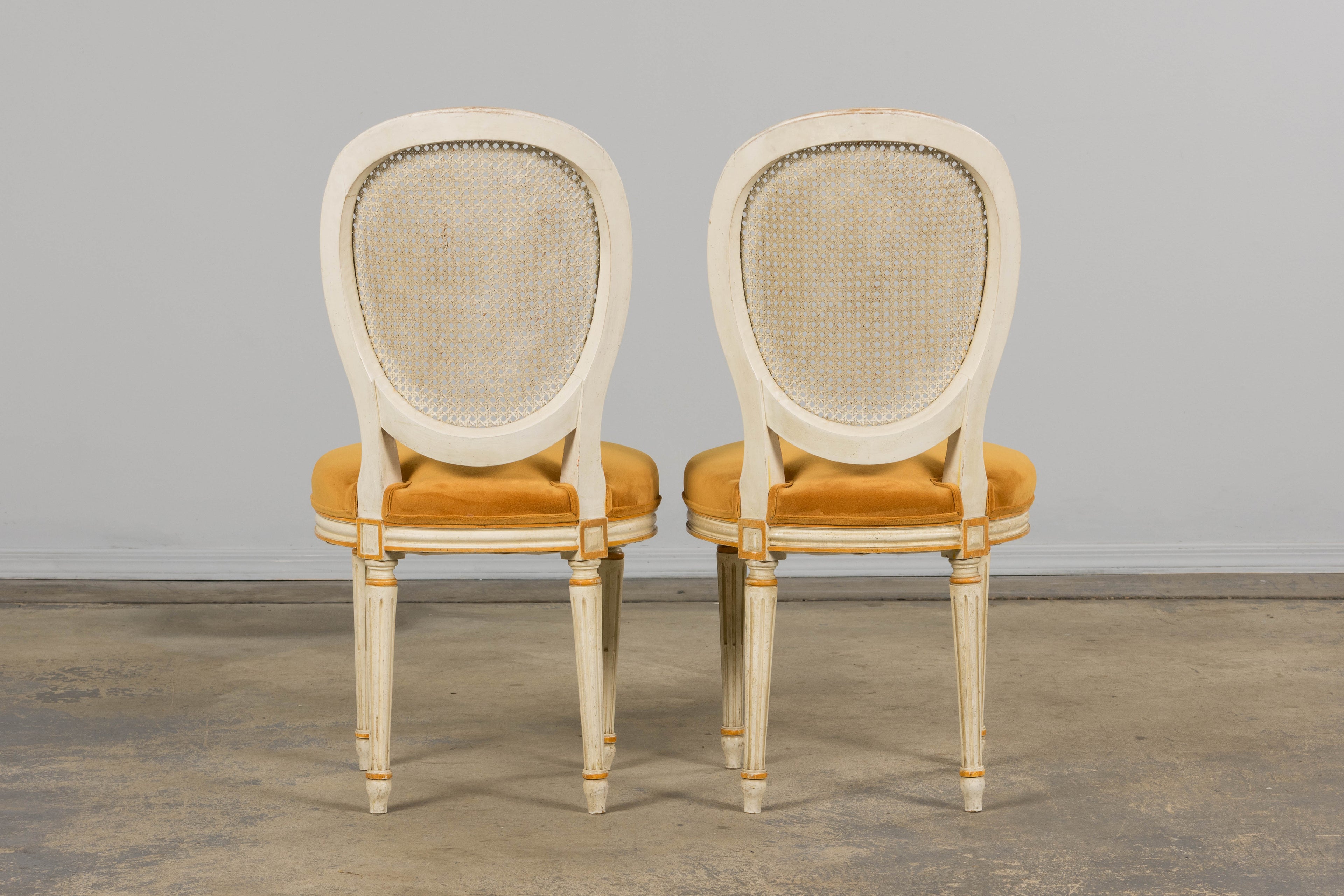 Antique French Louis XVI Painted Cane Back Accent Side Chairs W/ Marigold Velvet - A Pair