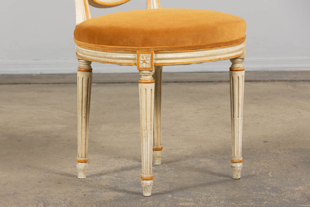Antique French Louis XVI Painted Cane Back Accent Side Chairs W/ Marigold Velvet - A Pair
